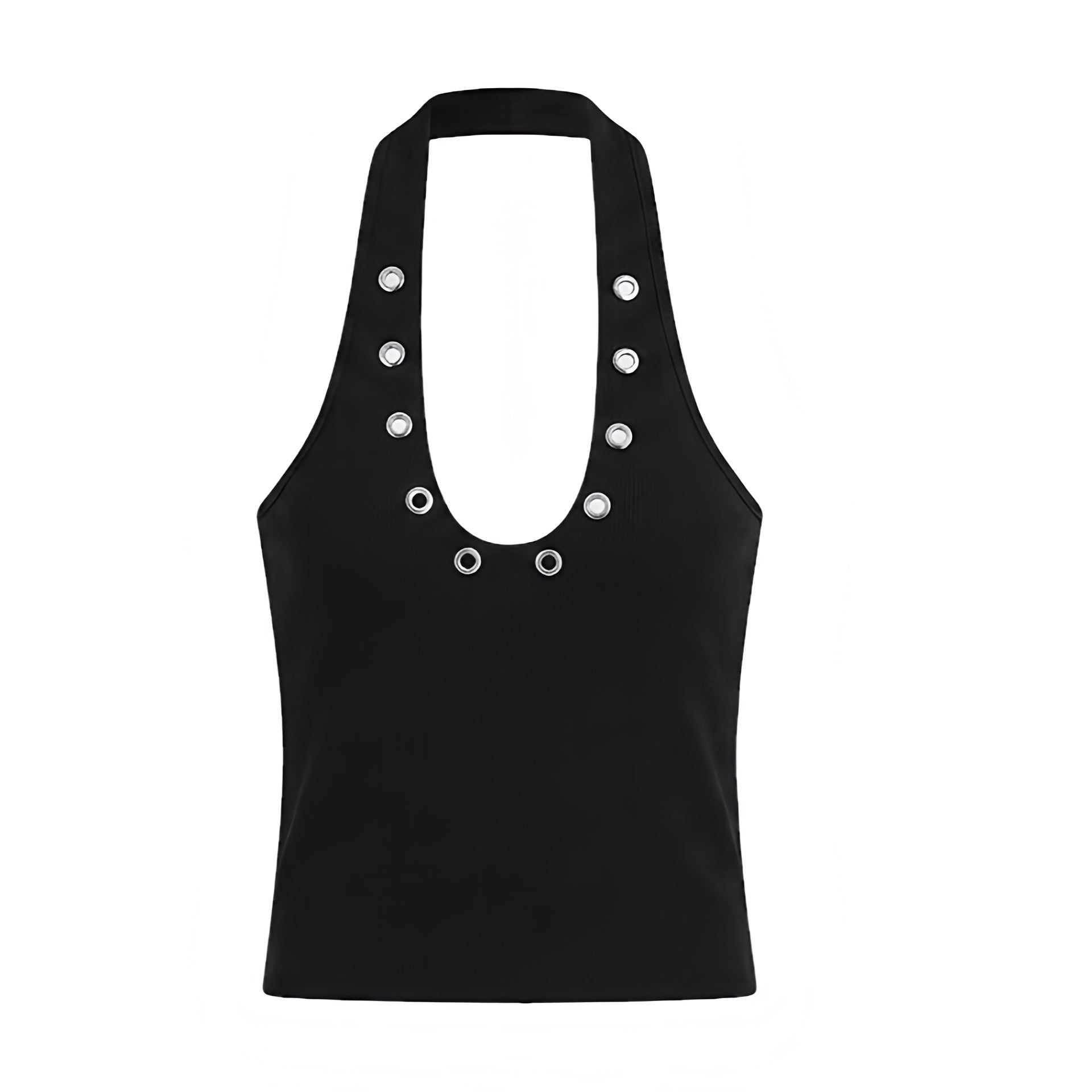 Black slim fit rivet studded sleeveless V-neck backless halter tank top with metallic rivet details, plunging neckline, open back, cut out design, Y2K style, 2000s fashion, retro style, corset bustier top, crop top, club wear, party outfit, rave top, festival outfit, concert outfit, Ibiza style, baddie outfit, streetwear, grunge, goth, punk, emo, cyberpunk, opiumcore, rock chic, futuristic glam, western chic, worldwide shipping.