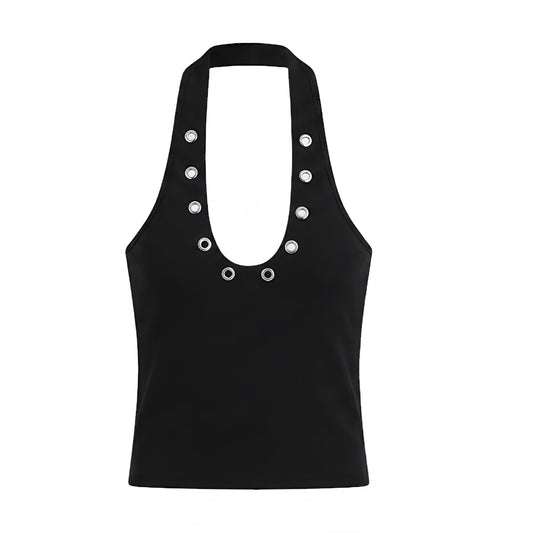 Black slim fit rivet studded sleeveless V-neck backless halter tank top with metallic rivet details, plunging neckline, open back, cut out design, Y2K style, 2000s fashion, retro style, corset bustier top, crop top, club wear, party outfit, rave top, festival outfit, concert outfit, Ibiza style, baddie outfit, streetwear, grunge, goth, punk, emo, cyberpunk, opiumcore, rock chic, futuristic glam, western chic, worldwide shipping.