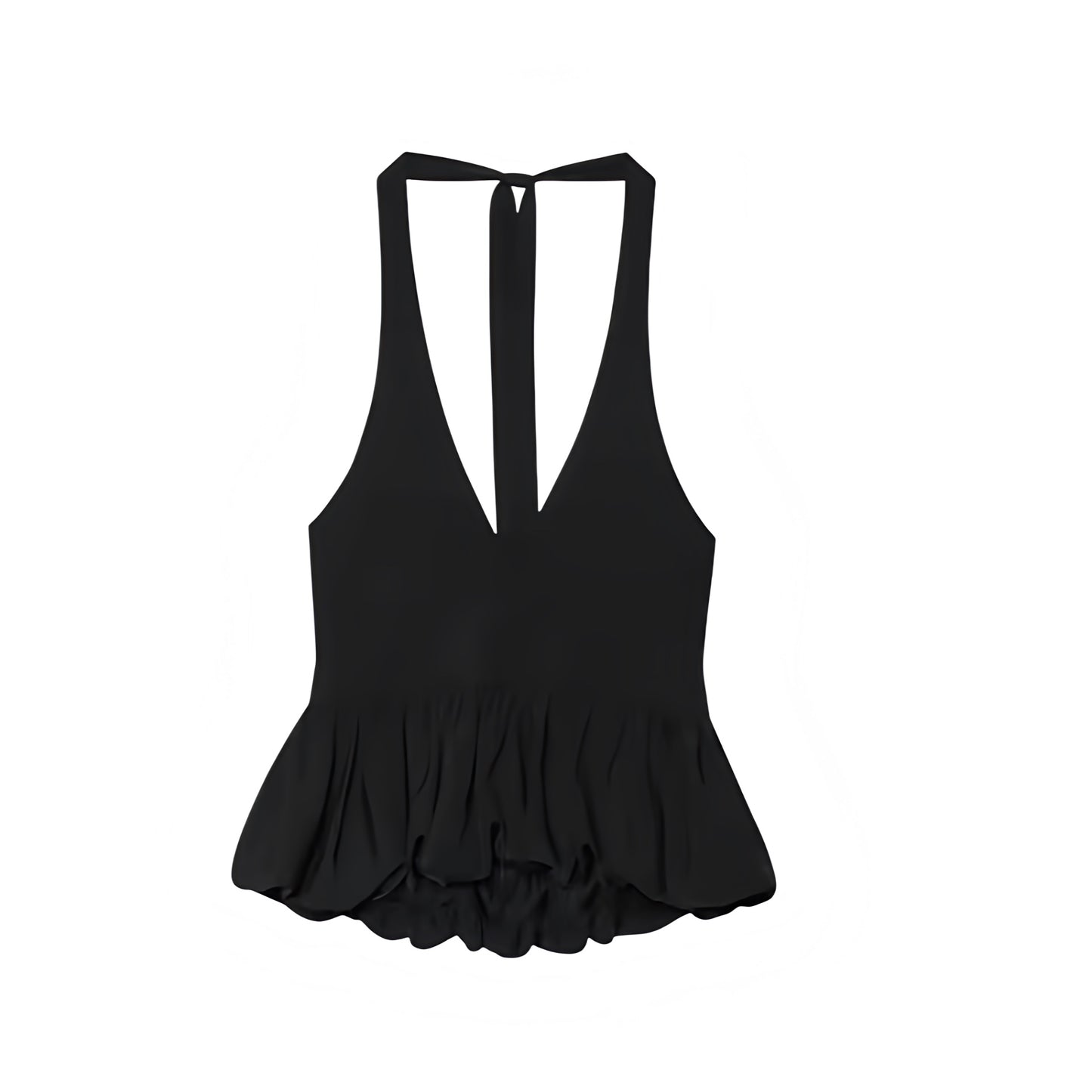 Black slim fit ruffled sleeveless V-neck backless peplum halter tank top with plisse pleated hem, tiered flared silhouette, and cropped design. Elegant camisole blouse for womens, teens, and ladies. Perfect for summer and fall 2025 feminine retro fashion, casual everyday wear, chic coquette Y2K style, trendy preppy outfits, school looks, sorority rush, euro summer vacation fashion, Parisian chic style, old money elegance, sexy evening party wear, night out looks, going out outfits, and club wear.