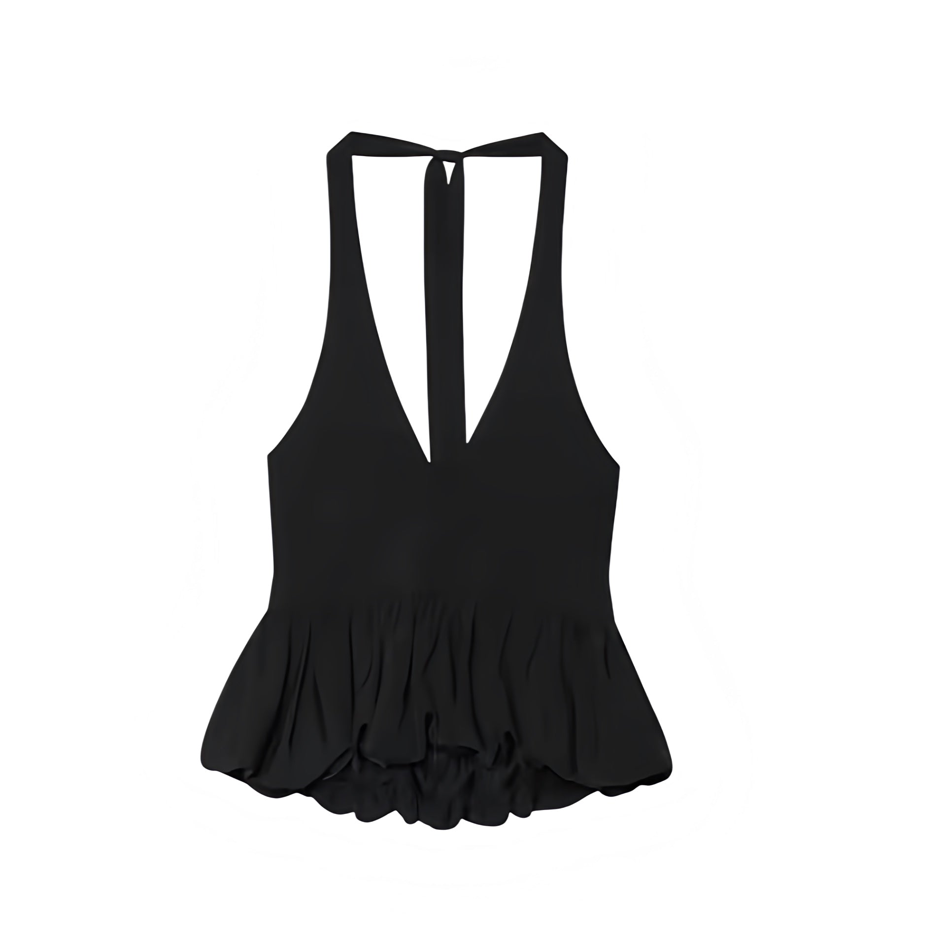 Black slim fit ruffled sleeveless V-neck backless peplum halter tank top with plisse pleated hem, tiered flared silhouette, and cropped design. Elegant camisole blouse for womens, teens, and ladies. Perfect for summer and fall 2025 feminine retro fashion, casual everyday wear, chic coquette Y2K style, trendy preppy outfits, school looks, sorority rush, euro summer vacation fashion, Parisian chic style, old money elegance, sexy evening party wear, night out looks, going out outfits, and club wear.