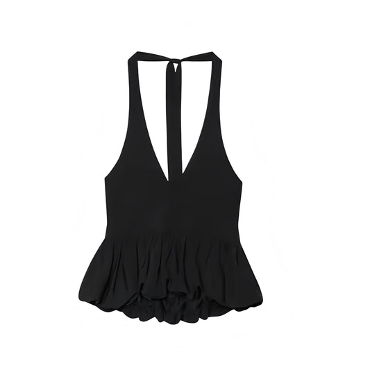 Black slim fit ruffled sleeveless V-neck backless peplum halter tank top with plisse pleated hem, tiered flared silhouette, and cropped design. Elegant camisole blouse for womens, teens, and ladies. Perfect for summer and fall 2025 feminine retro fashion, casual everyday wear, chic coquette Y2K style, trendy preppy outfits, school looks, sorority rush, euro summer vacation fashion, Parisian chic style, old money elegance, sexy evening party wear, night out looks, going out outfits, and club wear.