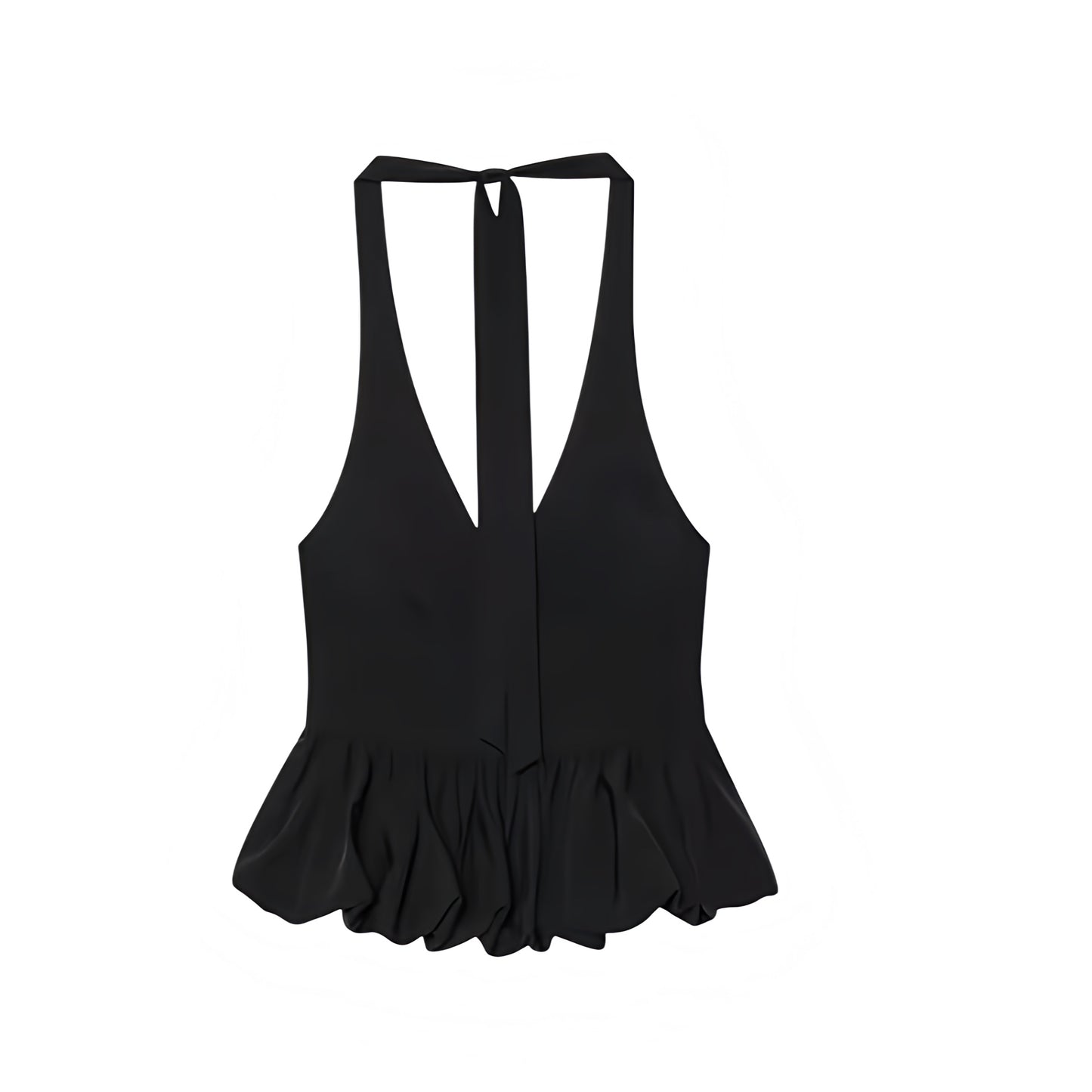 Black slim fit ruffled sleeveless V-neck backless peplum halter tank top with plisse pleated hem, tiered flared silhouette, and cropped design. Elegant camisole blouse for womens, teens, and ladies. Perfect for summer and fall 2025 feminine retro fashion, casual everyday wear, chic coquette Y2K style, trendy preppy outfits, school looks, sorority rush, euro summer vacation fashion, Parisian chic style, old money elegance, sexy evening party wear, night out looks, going out outfits, and club wear.