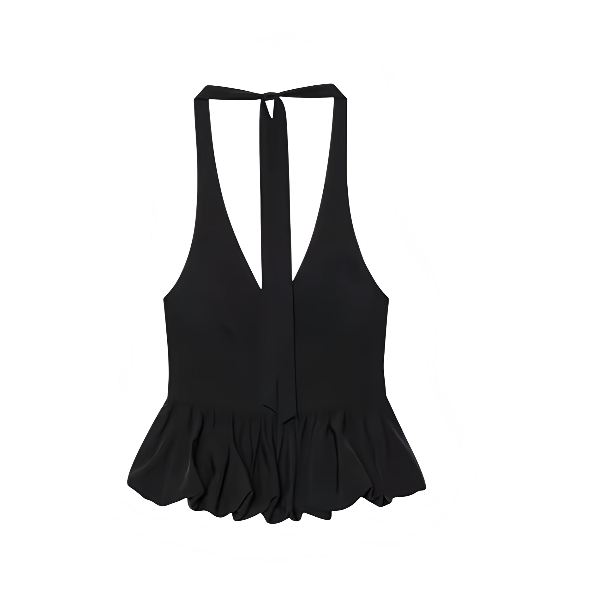 Black slim fit ruffled sleeveless V-neck backless peplum halter tank top with plisse pleated hem, tiered flared silhouette, and cropped design. Elegant camisole blouse for womens, teens, and ladies. Perfect for summer and fall 2025 feminine retro fashion, casual everyday wear, chic coquette Y2K style, trendy preppy outfits, school looks, sorority rush, euro summer vacation fashion, Parisian chic style, old money elegance, sexy evening party wear, night out looks, going out outfits, and club wear.