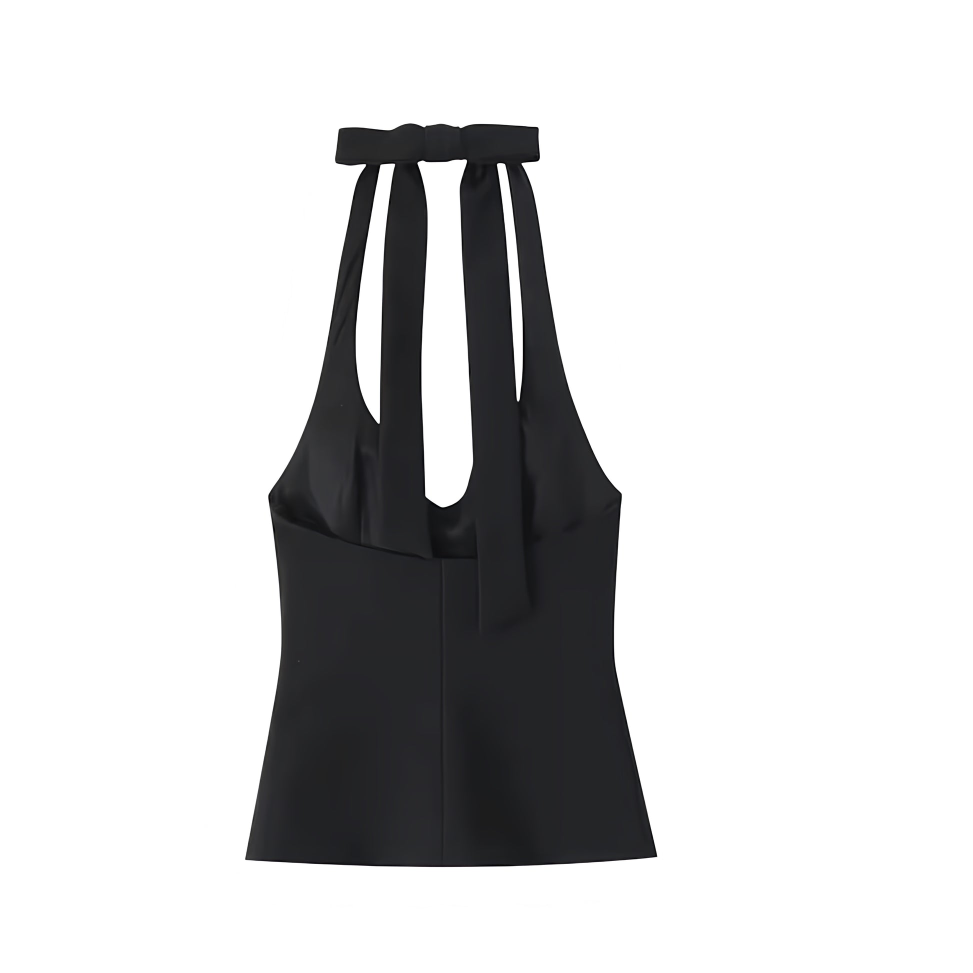 Black slim fit V-neck halter corset tank top for women, sleeveless backless bustier bodycon crop top, sexy chic party clubwear, trendy Y2K summer fall 2025 outfit.