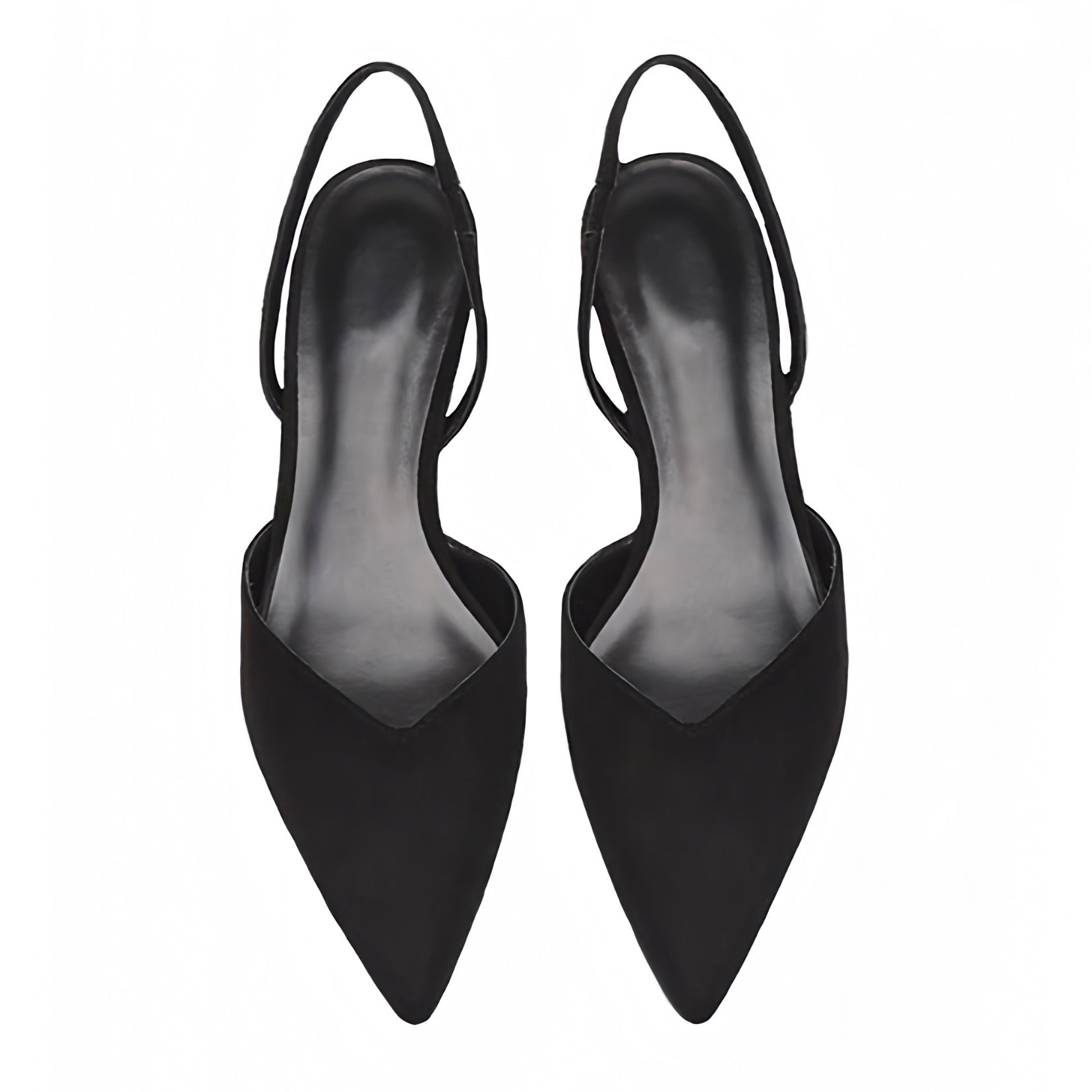 Black slingback faux suede leather low-block kitten silhouette heels featuring a pointed toe, cushioned insoles, and smooth vegan-friendly texture. Designed with a slim, minimalist fit and adjustable slingback strap for a secure, elegant look. Perfect for office wear, evening events, or casual outings. Ships worldwide to the US, UK, Canada, Australia, New Zealand, and across Europe and Asia.

