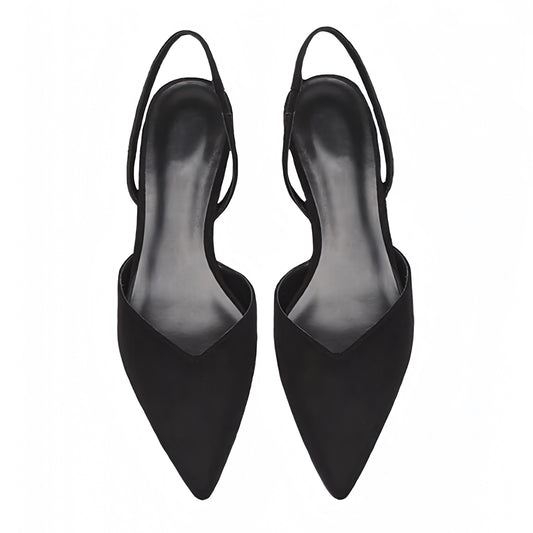 Black slingback faux suede leather low-block kitten silhouette heels featuring a pointed toe, cushioned insoles, and smooth vegan-friendly texture. Designed with a slim, minimalist fit and adjustable slingback strap for a secure, elegant look. Perfect for office wear, evening events, or casual outings. Ships worldwide to the US, UK, Canada, Australia, New Zealand, and across Europe and Asia.

