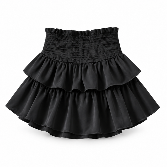 Black Smocked Mid-Rise Layered Ruffle Trim Tiered Mini Skirt