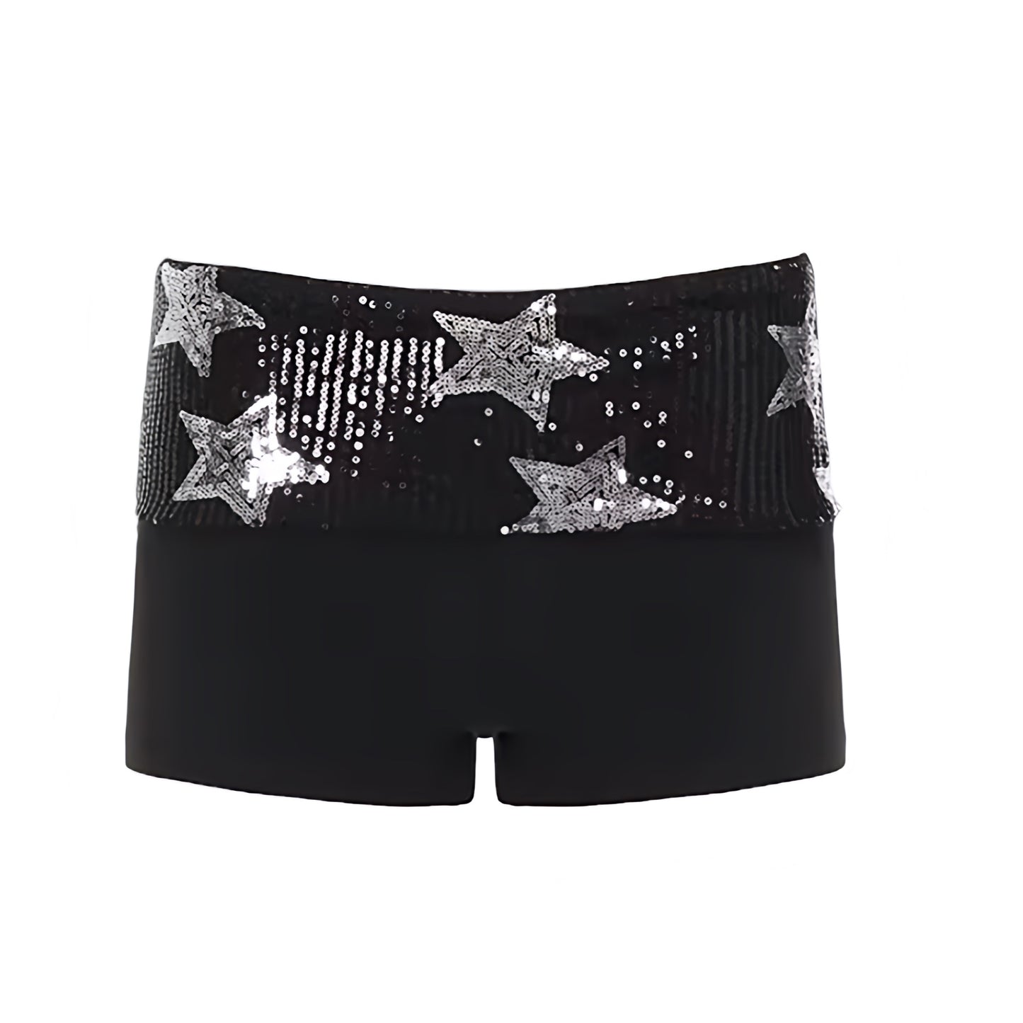 Black star sequin embellished low-rise micro shorts with silver stars and star patterned sequin detailing. Sparkly, shimmery, glittery and beaded slim fit bodycon skinny fit shorts with low rise, low-waisted silhouette and fold over waistband. Y2K fold over shorts for women, teens and ladies, perfect for 2000s fashion, star girl aesthetic, star girl outfits, party outfits, night out outfits, club wear, disco outfits, rave shorts, festival outfits, concert outfits, Ibiza style, baddie outfits, grunge, punk.