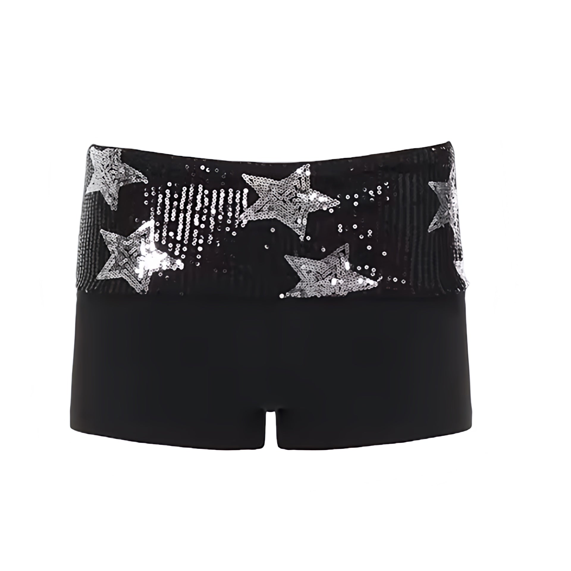 Black star sequin embellished low-rise micro shorts with silver stars and star patterned sequin detailing. Sparkly, shimmery, glittery and beaded slim fit bodycon skinny fit shorts with low rise, low-waisted silhouette and fold over waistband. Y2K fold over shorts for women, teens and ladies, perfect for 2000s fashion, star girl aesthetic, star girl outfits, party outfits, night out outfits, club wear, disco outfits, rave shorts, festival outfits, concert outfits, Ibiza style, baddie outfits, grunge, punk.
