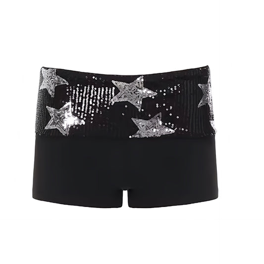 Black star sequin embellished low-rise micro shorts with silver stars and star patterned sequin detailing. Sparkly, shimmery, glittery and beaded slim fit bodycon skinny fit shorts with low rise, low-waisted silhouette and fold over waistband. Y2K fold over shorts for women, teens and ladies, perfect for 2000s fashion, star girl aesthetic, star girl outfits, party outfits, night out outfits, club wear, disco outfits, rave shorts, festival outfits, concert outfits, Ibiza style, baddie outfits, grunge, punk.