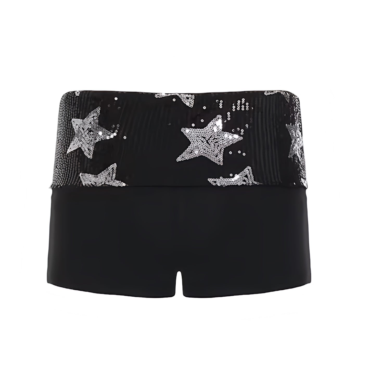 Black star sequin embellished low-rise micro shorts with silver stars and star patterned sequin detailing. Sparkly, shimmery, glittery and beaded slim fit bodycon skinny fit shorts with low rise, low-waisted silhouette and fold over waistband. Y2K fold over shorts for women, teens and ladies, perfect for 2000s fashion, star girl aesthetic, star girl outfits, party outfits, night out outfits, club wear, disco outfits, rave shorts, festival outfits, concert outfits, Ibiza style, baddie outfits, grunge, punk.