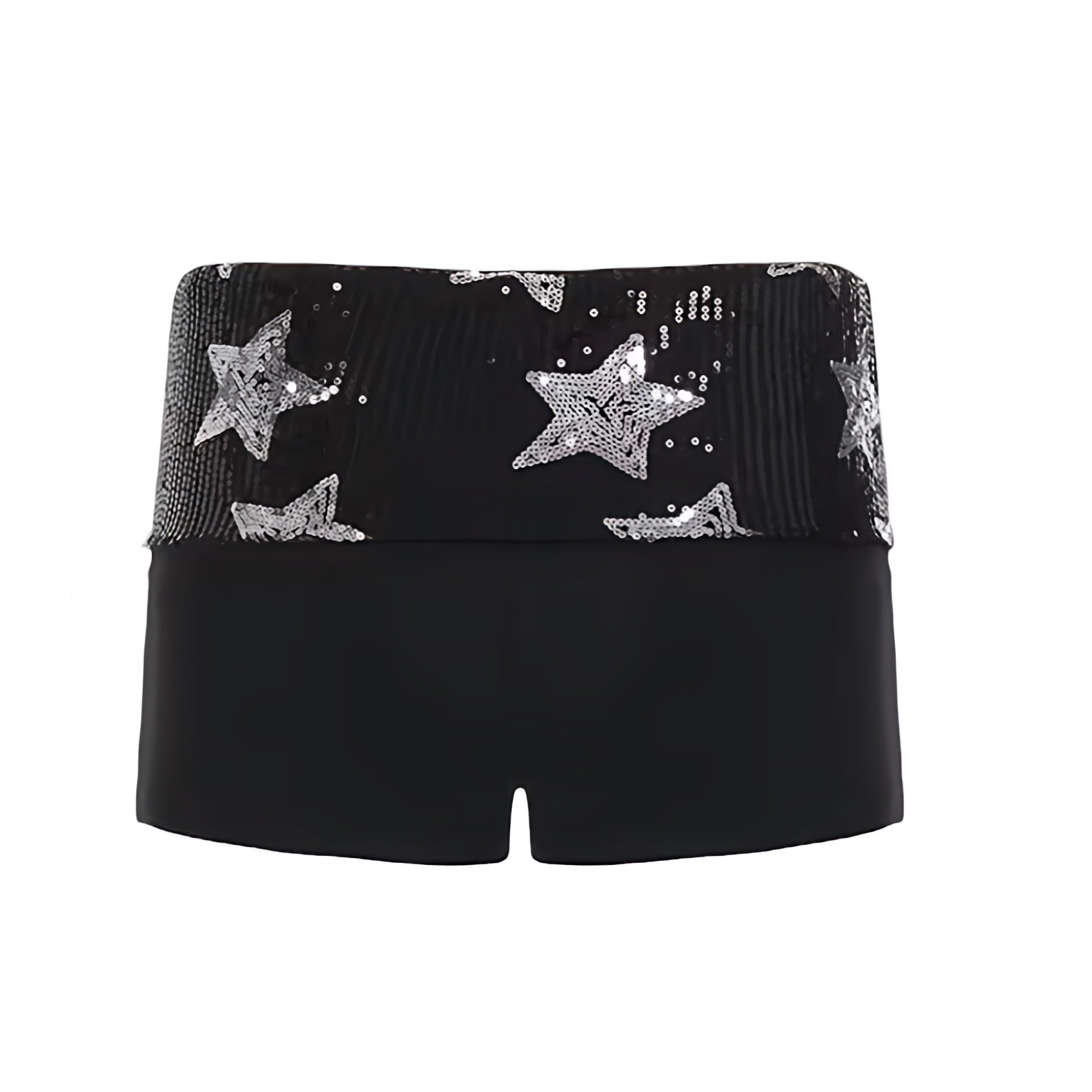 Black star sequin embellished low-rise micro shorts with silver stars and star patterned sequin detailing. Sparkly, shimmery, glittery and beaded slim fit bodycon skinny fit shorts with low rise, low-waisted silhouette and fold over waistband. Y2K fold over shorts for women, teens and ladies, perfect for 2000s fashion, star girl aesthetic, star girl outfits, party outfits, night out outfits, club wear, disco outfits, rave shorts, festival outfits, concert outfits, Ibiza style, baddie outfits, grunge, punk.