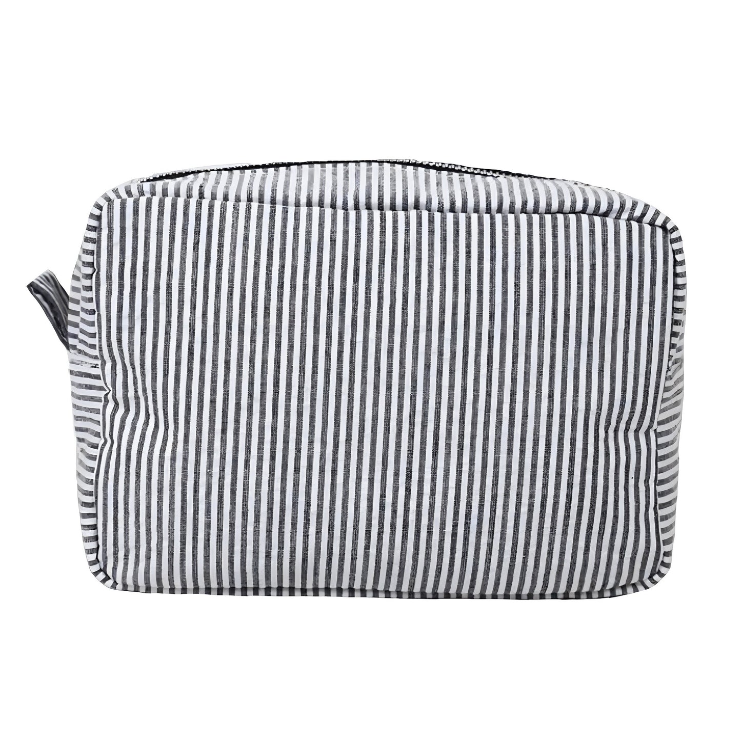 Black and white striped makeup bag made from seersucker linen with a metallic zipper. Lightweight, vegan-friendly, and perfect for storing cosmetics, toiletries, and travel essentials. Sleek, modern, and coastal-inspired design that suits minimalist and preppy fashion. Ideal for women, teens, and girls. Ships globally to US, UK, Canada, Australia, New Zealand, Europe, and Asia.

