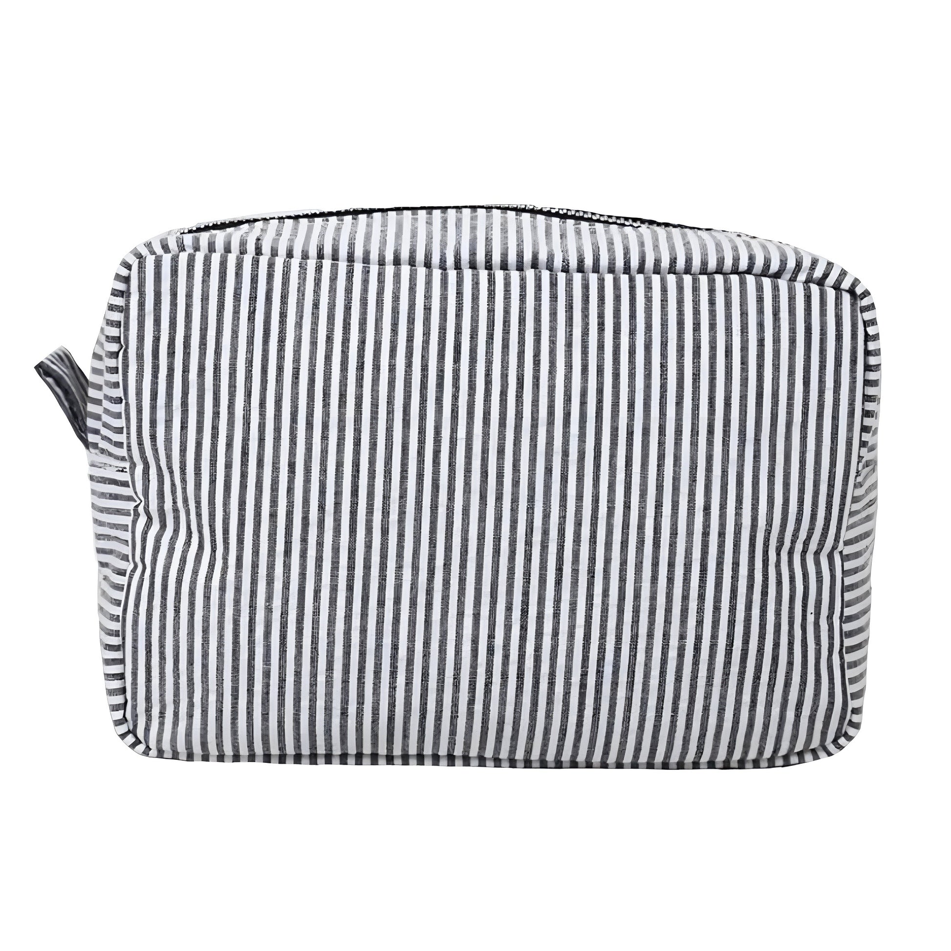 Black and white striped makeup bag made from seersucker linen with a metallic zipper. Lightweight, vegan-friendly, and perfect for storing cosmetics, toiletries, and travel essentials. Sleek, modern, and coastal-inspired design that suits minimalist and preppy fashion. Ideal for women, teens, and girls. Ships globally to US, UK, Canada, Australia, New Zealand, Europe, and Asia.

