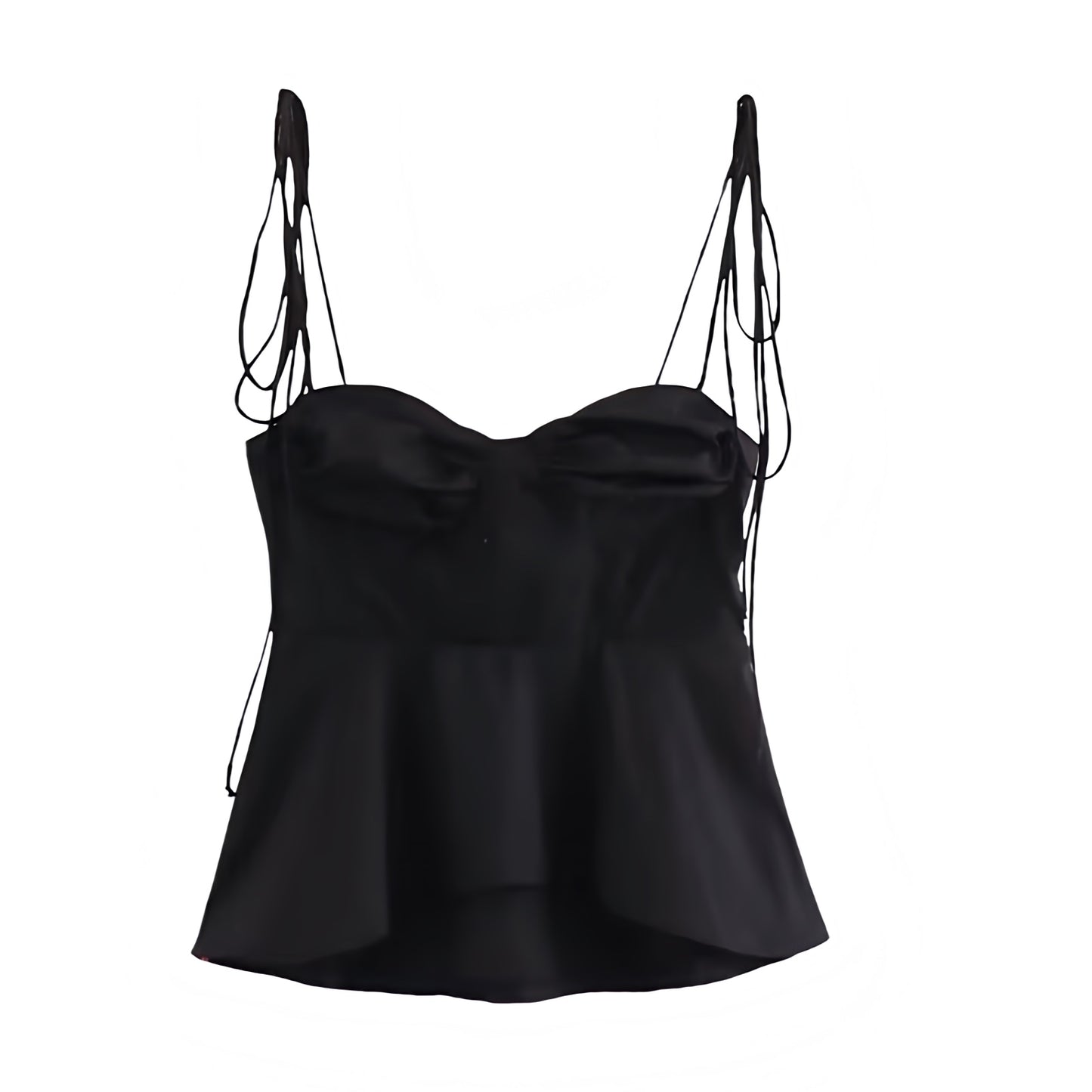 Black sweetheart neckline camisole corset tank top with slim fit bustier bodycon silhouette. Sleeveless spaghetti strap backless crop blouse with ruffle trim, layered ruffles, plisse details, tiered flared peplum feminine design. Women’s and teens’ summer and fall 2025 fashion. Chic coquette Y2K trendy elegant casual everyday wear. Perfect for holiday, vacation, school, sorority rush, evening, party, night out, going out, sexy club wear, beach, boho chic, bohemian, euro summer, Stockholm style