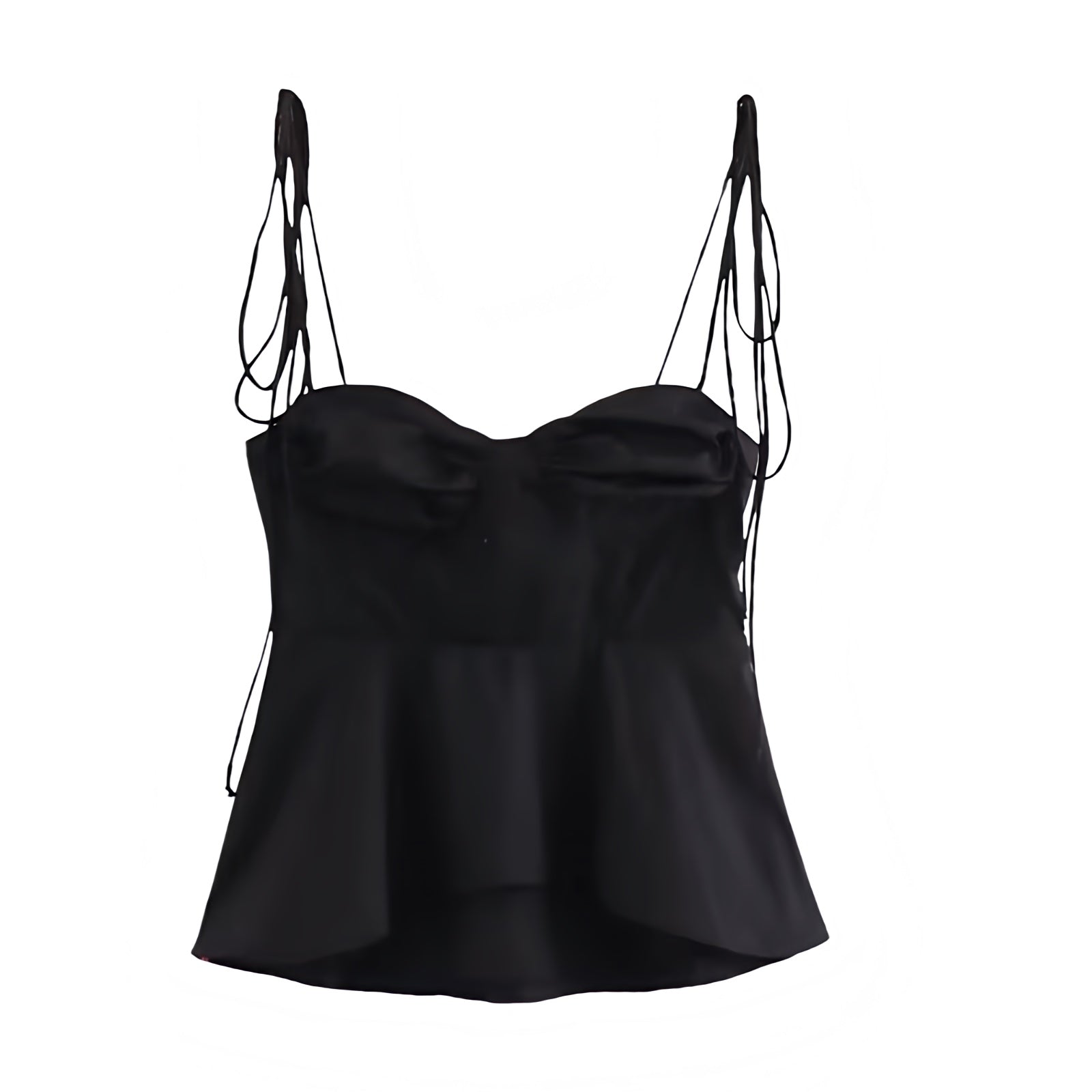 Black sweetheart neckline camisole corset tank top with slim fit bustier bodycon silhouette. Sleeveless spaghetti strap backless crop blouse with ruffle trim, layered ruffles, plisse details, tiered flared peplum feminine design. Women’s and teens’ summer and fall 2025 fashion. Chic coquette Y2K trendy elegant casual everyday wear. Perfect for holiday, vacation, school, sorority rush, evening, party, night out, going out, sexy club wear, beach, boho chic, bohemian, euro summer, Stockholm style