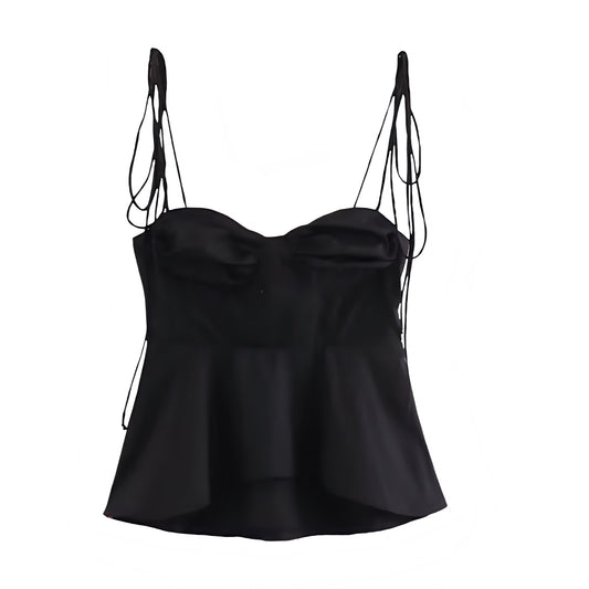 Black sweetheart neckline camisole corset tank top with slim fit bustier bodycon silhouette. Sleeveless spaghetti strap backless crop blouse with ruffle trim, layered ruffles, plisse details, tiered flared peplum feminine design. Women’s and teens’ summer and fall 2025 fashion. Chic coquette Y2K trendy elegant casual everyday wear. Perfect for holiday, vacation, school, sorority rush, evening, party, night out, going out, sexy club wear, beach, boho chic, bohemian, euro summer, Stockholm style