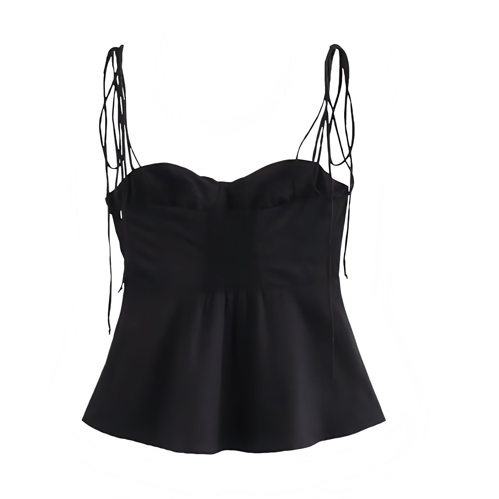 Black sweetheart neckline camisole corset tank top with slim fit bustier bodycon silhouette. Sleeveless spaghetti strap backless crop blouse with ruffle trim, layered ruffles, plisse details, tiered flared peplum feminine design. Women’s and teens’ summer and fall 2025 fashion. Chic coquette Y2K trendy elegant casual everyday wear. Perfect for holiday, vacation, school, sorority rush, evening, party, night out, going out, sexy club wear, beach, boho chic, bohemian, euro summer, Stockholm style