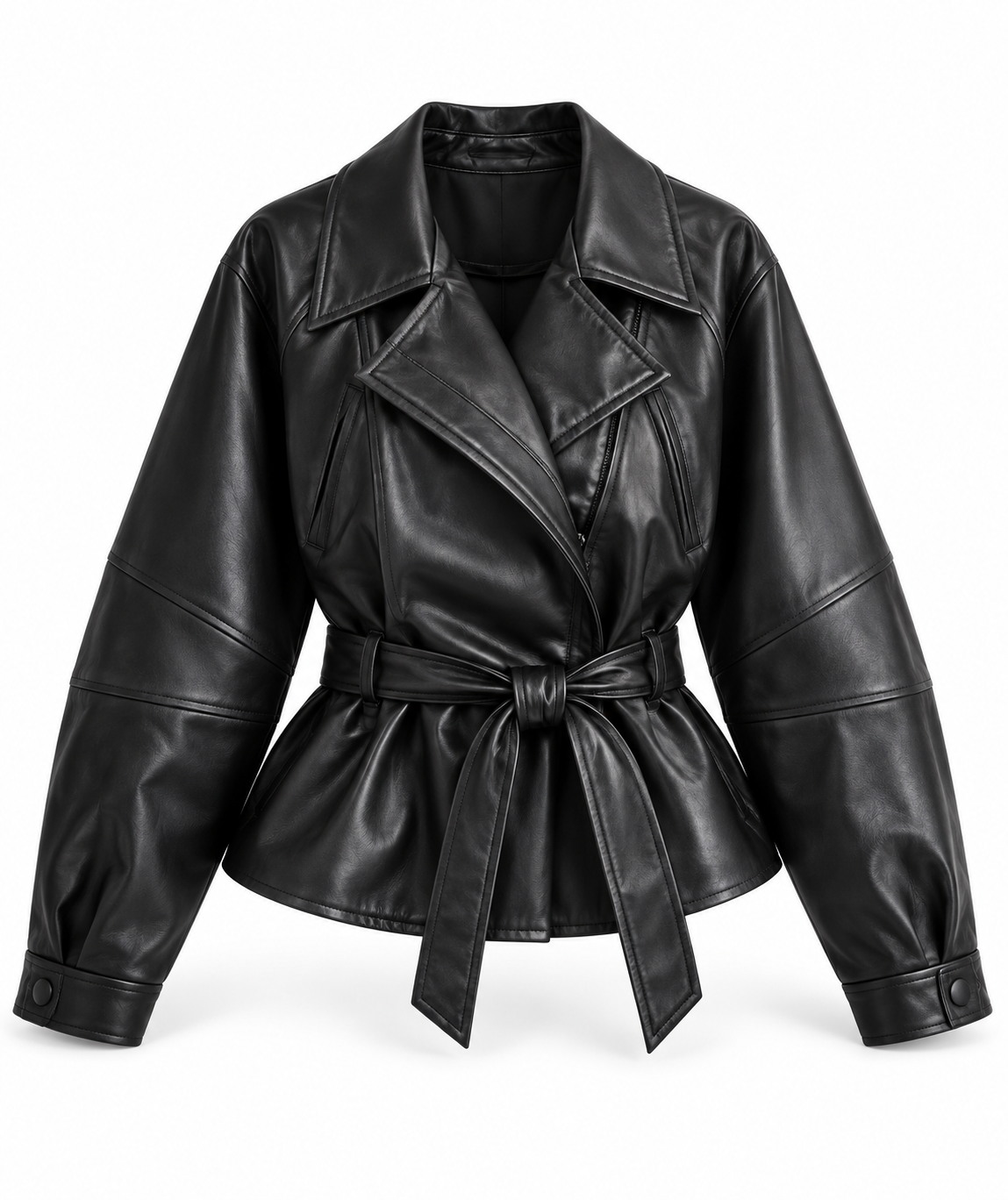 Black faux leather vintage belted moto jacket for women with V-neck wrap front, oversized notched lapel collar, asymmetric zipper, pockets, long sleeves, snap cuffs, self-tie belt, cinched hourglass waist and flared peplum hem. Y2K 2000s 90s biker jacket for Fall Winter 2026, baddie, rock chic, rockstar GF, grunge, punk, goth, gothic, emo, alt, cybergoth, western, boho, streetwear, clubwear, party, concert, date night and going out outfits.