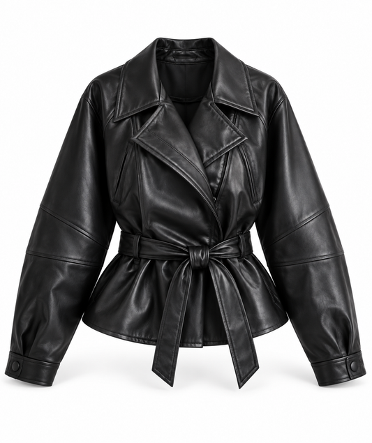 Black faux leather vintage belted moto jacket for women with V-neck wrap front, oversized notched lapel collar, asymmetric zipper, pockets, long sleeves, snap cuffs, self-tie belt, cinched hourglass waist and flared peplum hem. Y2K 2000s 90s biker jacket for Fall Winter 2026, baddie, rock chic, rockstar GF, grunge, punk, goth, gothic, emo, alt, cybergoth, western, boho, streetwear, clubwear, party, concert, date night and going out outfits.