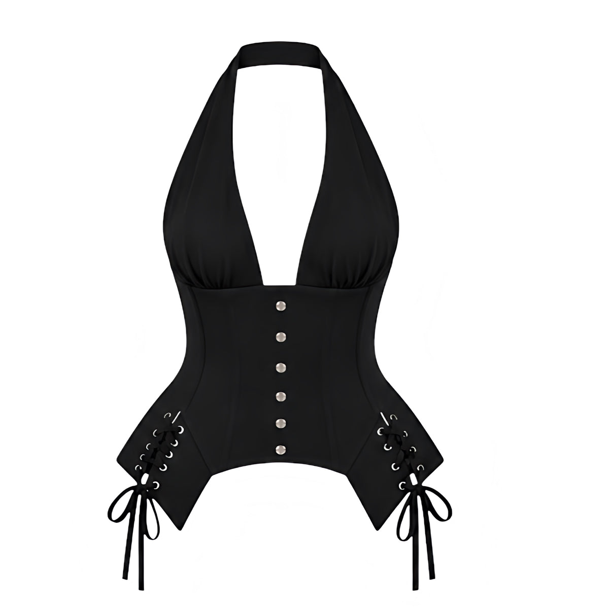 Black V-neck metallic studded backless corset halter top with deep plunging neckline, gathered ruched bust, fitted longline bodice, structured corset paneling, silver-tone stud buttons, side lace-up details, metal grommet eyelets, cinched waist, pointed handkerchief hem, self-tie halter bow and open back. Y2K 2000s gothic goth cybergoth grunge punk rock chic opiumcore baddie rave club festival concert Halloween Halloweekend fall 2026 top.