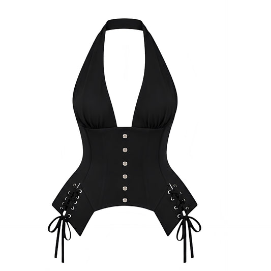 Black V-neck metallic studded backless corset halter top with deep plunging neckline, gathered ruched bust, fitted longline bodice, structured corset paneling, silver-tone stud buttons, side lace-up details, metal grommet eyelets, cinched waist, pointed handkerchief hem, self-tie halter bow and open back. Y2K 2000s gothic goth cybergoth grunge punk rock chic opiumcore baddie rave club festival concert Halloween Halloweekend fall 2026 top.