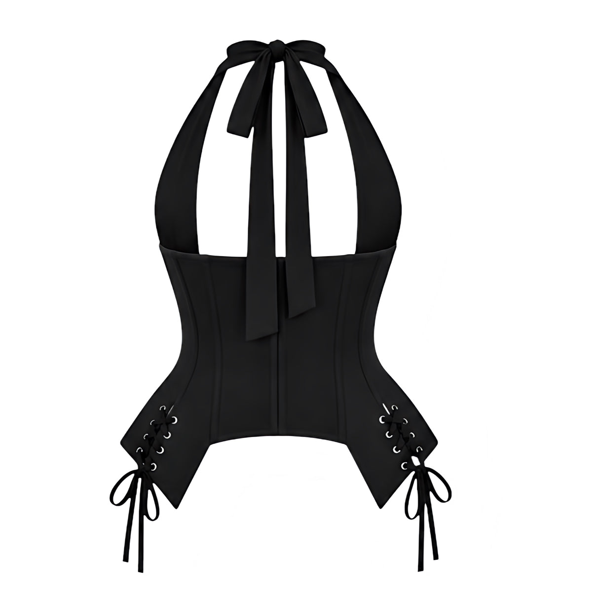 Black V-neck metallic studded backless corset halter top with deep plunging neckline, gathered ruched bust, fitted longline bodice, structured corset paneling, silver-tone stud buttons, side lace-up details, metal grommet eyelets, cinched waist, pointed handkerchief hem, self-tie halter bow and open back. Y2K 2000s gothic goth cybergoth grunge punk rock chic opiumcore baddie rave club festival concert Halloween Halloweekend fall 2026 top.