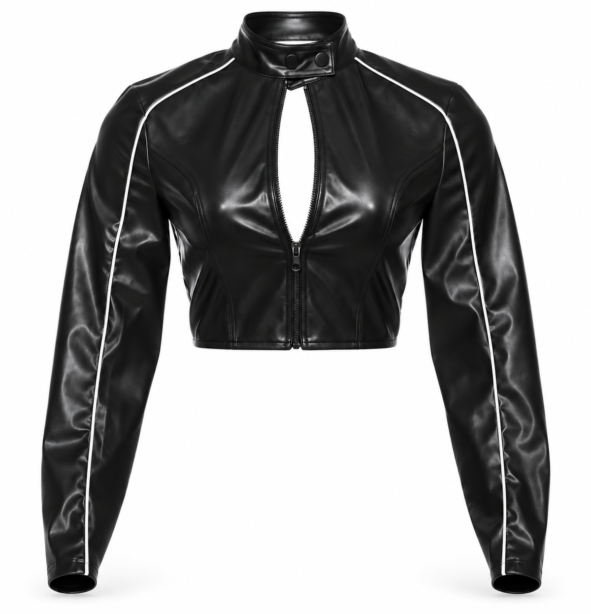 Front view black and white faux leather keyhole cropped moto racer jacket for women with fitted slim silhouette, high mock neck snap collar, two-way front zipper, chest cutout, long sleeves, white contrast piping and racing stripe detailing. Y2K 2000s motorsport biker jacket for Fall Winter 2026, rock chic, rockstar GF, baddie, grunge, punk, goth, gothic, emo, cybergoth, alt, streetwear, clubwear, rave, festival, concert, party and going out outfits.

