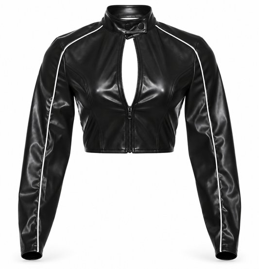 Front view black and white faux leather keyhole cropped moto racer jacket for women with fitted slim silhouette, high mock neck snap collar, two-way front zipper, chest cutout, long sleeves, white contrast piping and racing stripe detailing. Y2K 2000s motorsport biker jacket for Fall Winter 2026, rock chic, rockstar GF, baddie, grunge, punk, goth, gothic, emo, cybergoth, alt, streetwear, clubwear, rave, festival, concert, party and going out outfits.

