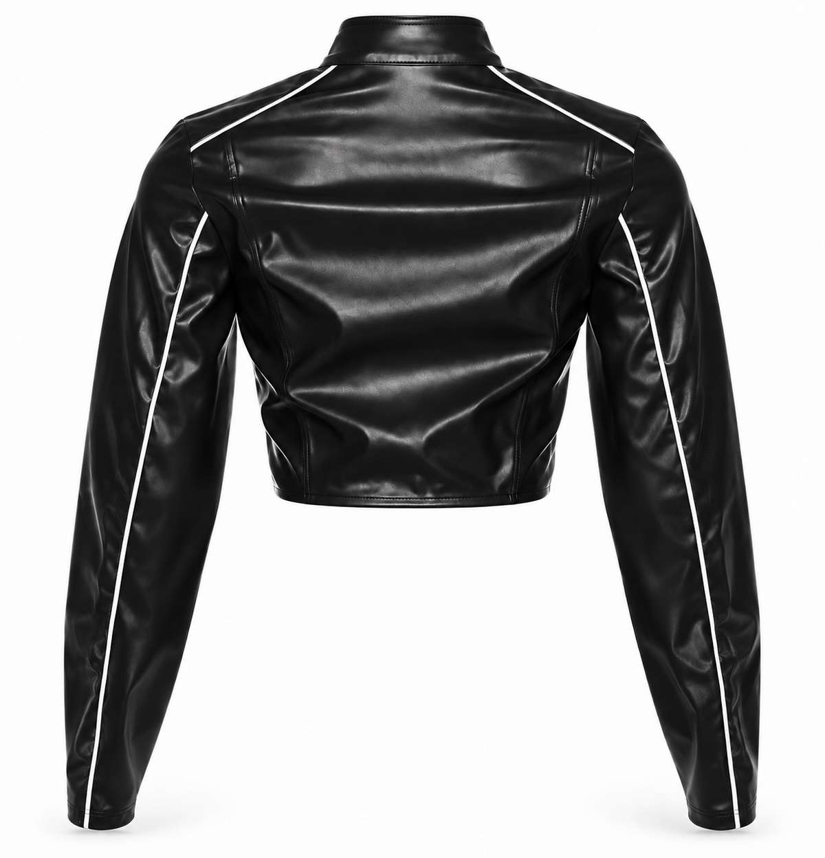 Back view black and white faux leather cropped moto racer jacket for women with high stand collar, fitted cropped waist, long sleeves, paneled construction, curved seam detailing and white contrast piping racing stripes across shoulders and sleeves. Y2K 2000s racing jacket for Fall Winter 2026, motorsport aesthetic, biker chic, rockstar GF, baddie, grunge, punk, goth, emo, cybergoth, alt, streetwear, clubwear, festival, concert and night out style.
