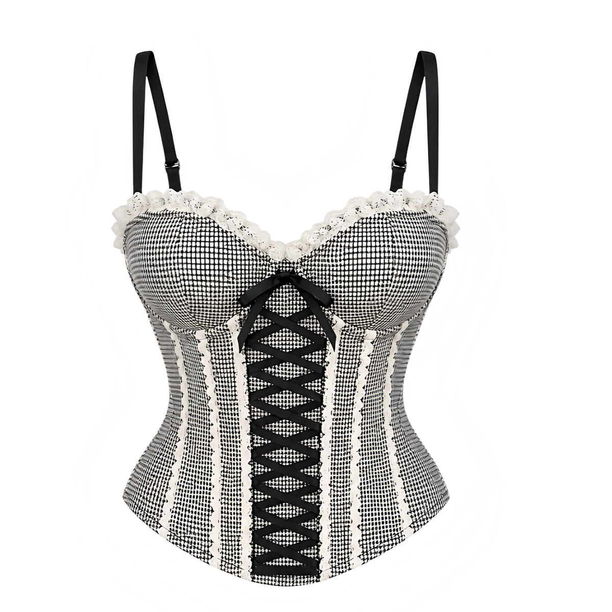 Black and white gingham checkered lace trim sleeveless bustier corset top with structured cups, sweetheart neckline, white ruffle trim, black ribbon bow, front ribbon lace-up detail, corset boning, adjustable black spaghetti straps and center back zipper. Women’s slim-fit Y2K 2000s coquette, dollette, soft grunge, goth, emo, punk, alt baddie, western chic and cowgirl cami top for party, club, date night, festival, concert, Halloween and fall 2026 outfits.

