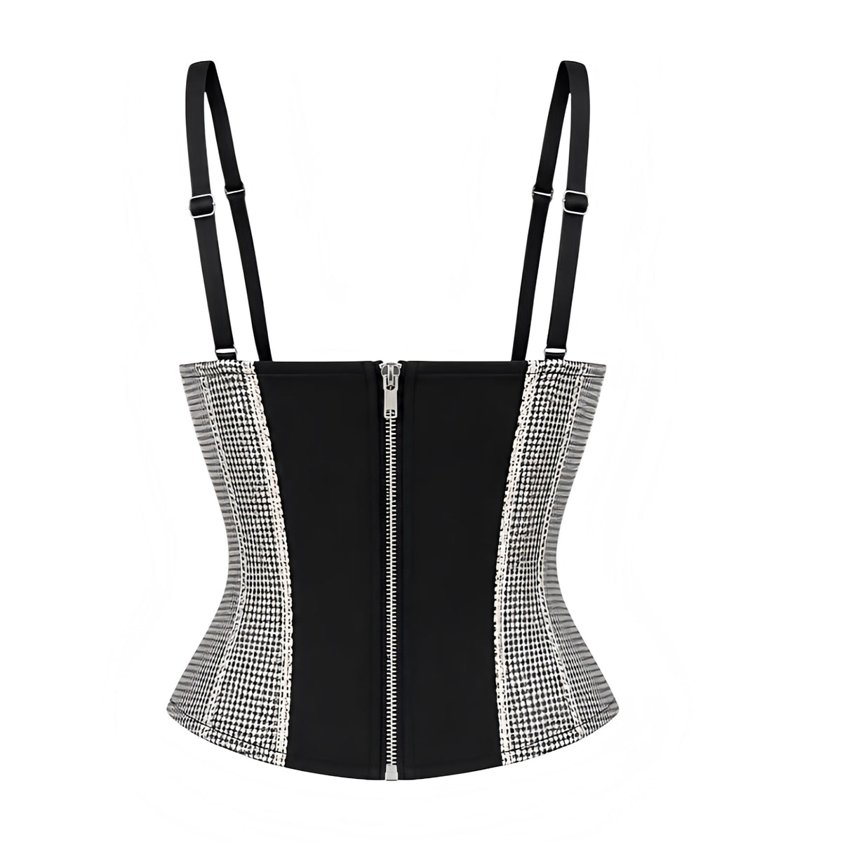 Black and white gingham checkered lace trim sleeveless bustier corset top with structured cups, sweetheart neckline, white ruffle trim, black ribbon bow, front ribbon lace-up detail, corset boning, adjustable black spaghetti straps and center back zipper. Women’s slim-fit Y2K 2000s coquette, dollette, soft grunge, goth, emo, punk, alt baddie, western chic and cowgirl cami top for party, club, date night, festival, concert, Halloween and fall 2026 outfits.

