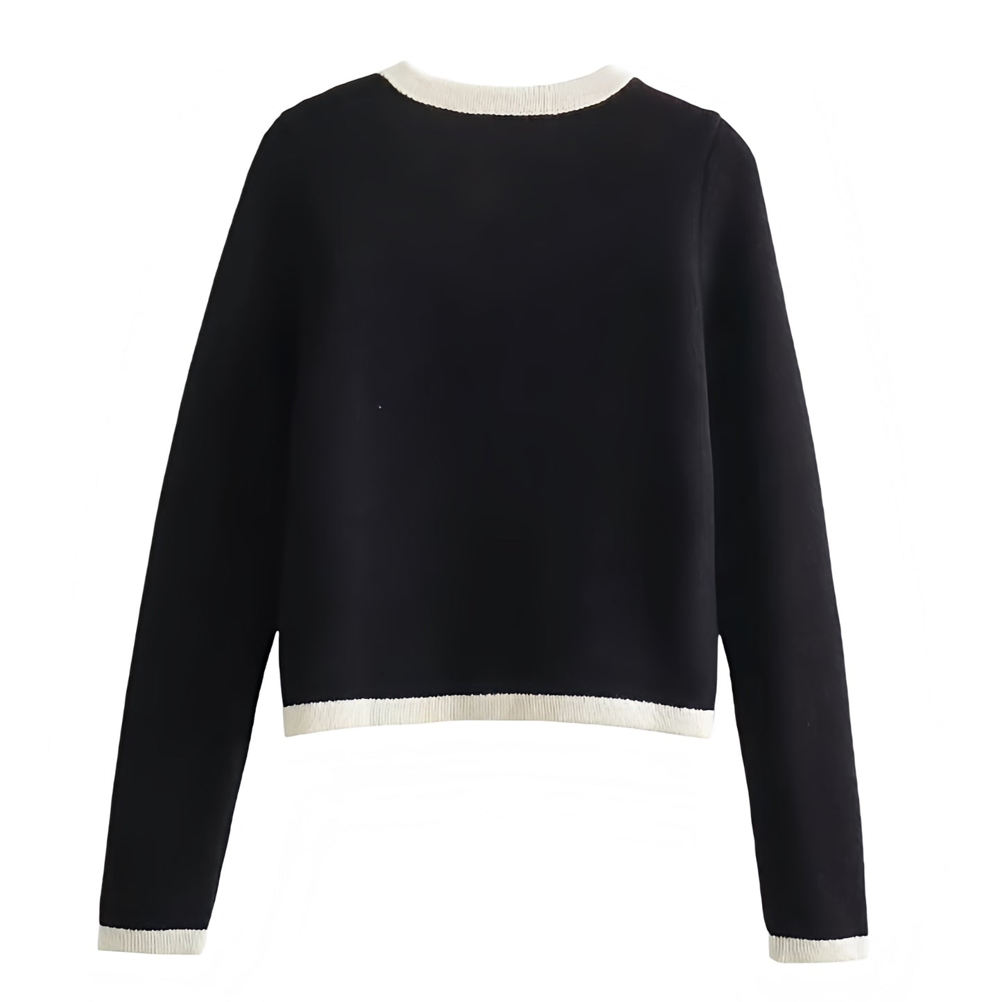 Black & White Lined Knit Gold Button-Down Long Sleeve Cardigan Sweater for women and teens. Soft, cozy, and lightweight woolen knitwear with elegant gold buttons and white trim. Feminine and trendy Parisian chic cardigan jacket with preppy old money style and timeless neutral tones. Perfect for fall, autumn, and winter 2025 outfits. Ships globally and worldwide to the US, UK, Canada, Australia, Europe, and Asia.