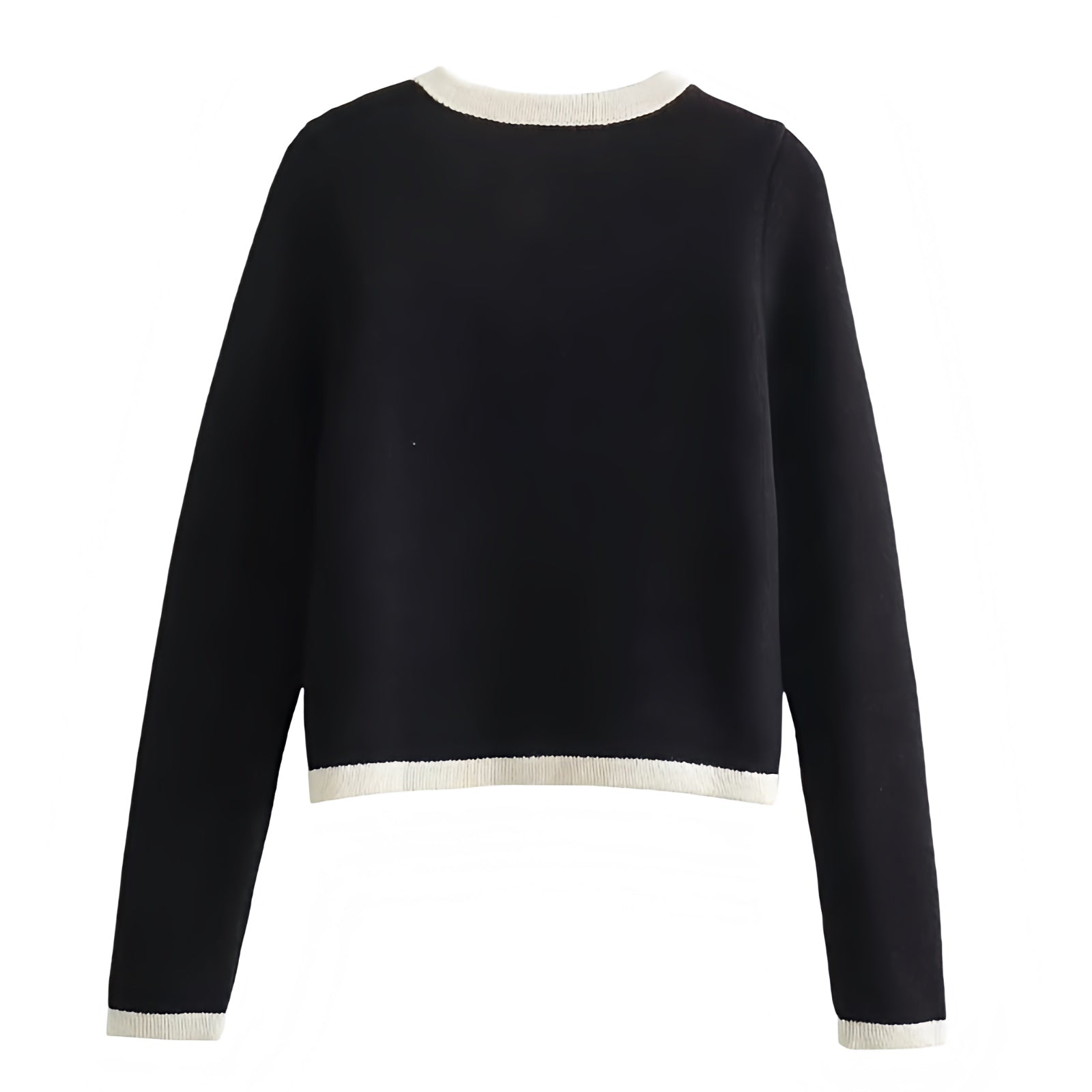 Black & White Lined Knit Gold Button-Down Long Sleeve Cardigan Sweater for women and teens. Soft, cozy, and lightweight woolen knitwear with elegant gold buttons and white trim. Feminine and trendy Parisian chic cardigan jacket with preppy old money style and timeless neutral tones. Perfect for fall, autumn, and winter 2025 outfits. Ships globally and worldwide to the US, UK, Canada, Australia, Europe, and Asia.