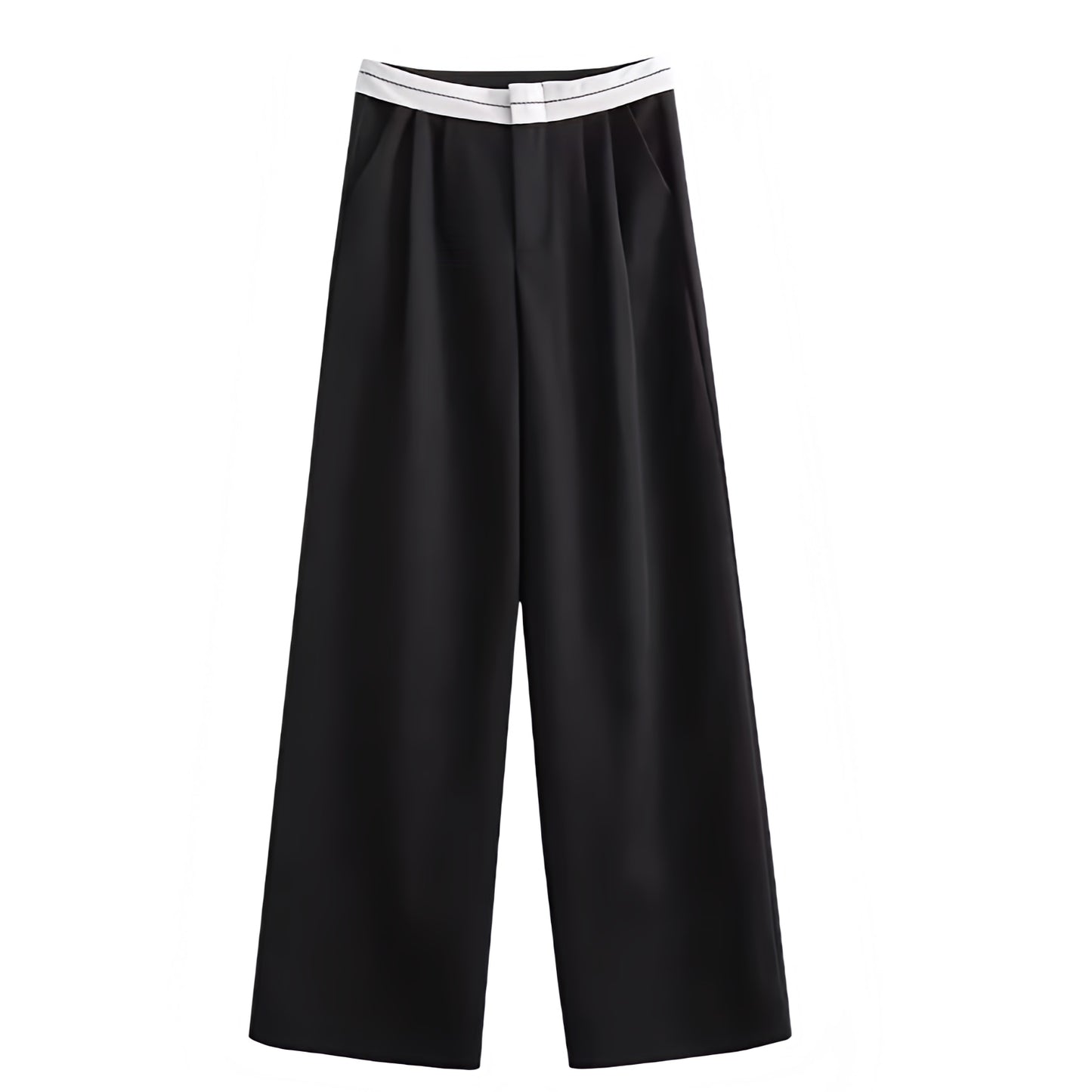 Black and white mid-rise pleated tailored straight leg trouser pants for women featuring a sporty contrast waistband and smooth woven fabric. Sleek, structured, and elegant with a modern minimalist sport-luxe style. Perfect for streetwear, office siren, or Scandinavian-inspired looks. Ideal for everyday, evening, or capsule wardrobe outfits. Ships globally to the US, UK, Canada, Australia, Europe, and Asia.