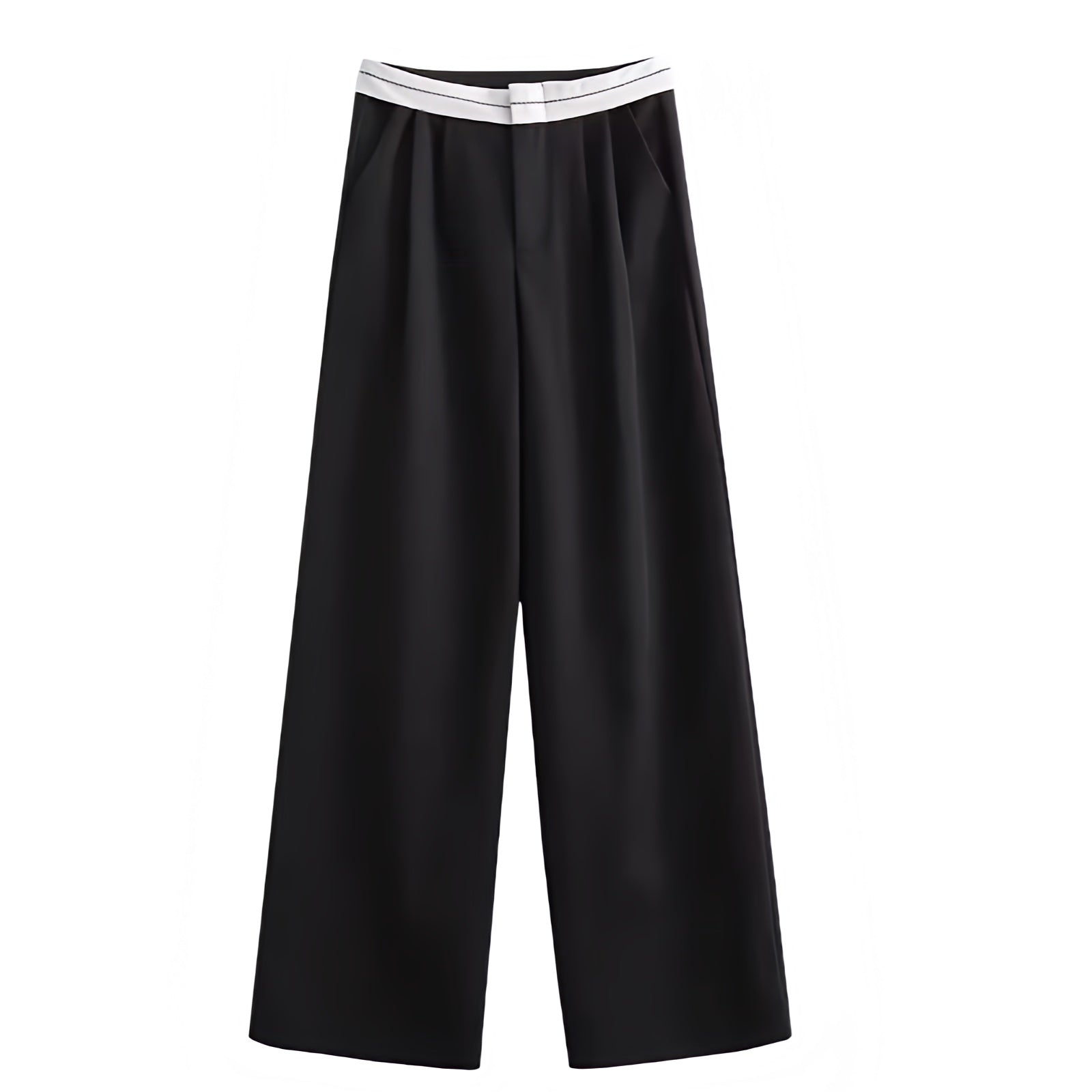 Black and white mid-rise pleated tailored straight leg trouser pants for women featuring a sporty contrast waistband and smooth woven fabric. Sleek, structured, and elegant with a modern minimalist sport-luxe style. Perfect for streetwear, office siren, or Scandinavian-inspired looks. Ideal for everyday, evening, or capsule wardrobe outfits. Ships globally to the US, UK, Canada, Australia, Europe, and Asia.