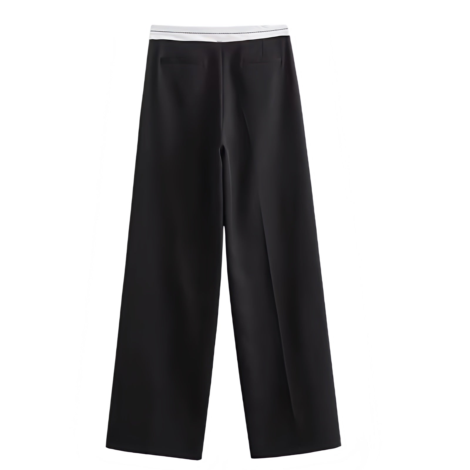 Black and white mid-rise pleated tailored straight leg trouser pants for women featuring a sporty contrast waistband and smooth woven fabric. Sleek, structured, and elegant with a modern minimalist sport-luxe style. Perfect for streetwear, office siren, or Scandinavian-inspired looks. Ideal for everyday, evening, or capsule wardrobe outfits. Ships globally to the US, UK, Canada, Australia, Europe, and Asia.