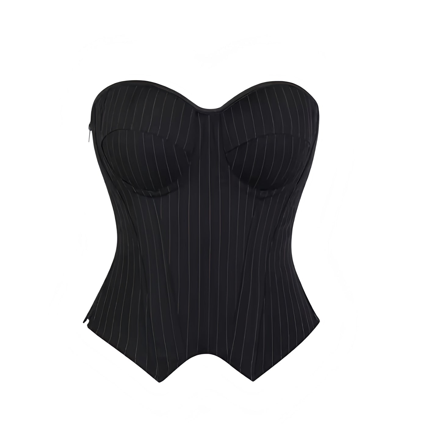 Black and white pinstriped slim lace-up strapless bustier corset top with sweetheart neckline, v neck, bodycon silhouette, push-up underwire, and zip closure. Elegant and trendy crop top for womens, teens, and ladies. Perfect for summer and fall 2025 fashion, vintage retro coquette chic Y2K preppy style, Wednesday Addams and school girl Halloween costumes, concerts, parties, night out, going out, sexy club wear, baddie and it girl looks. Ships globally and worldwide to US, Australia, New Zealand, UK, Canada