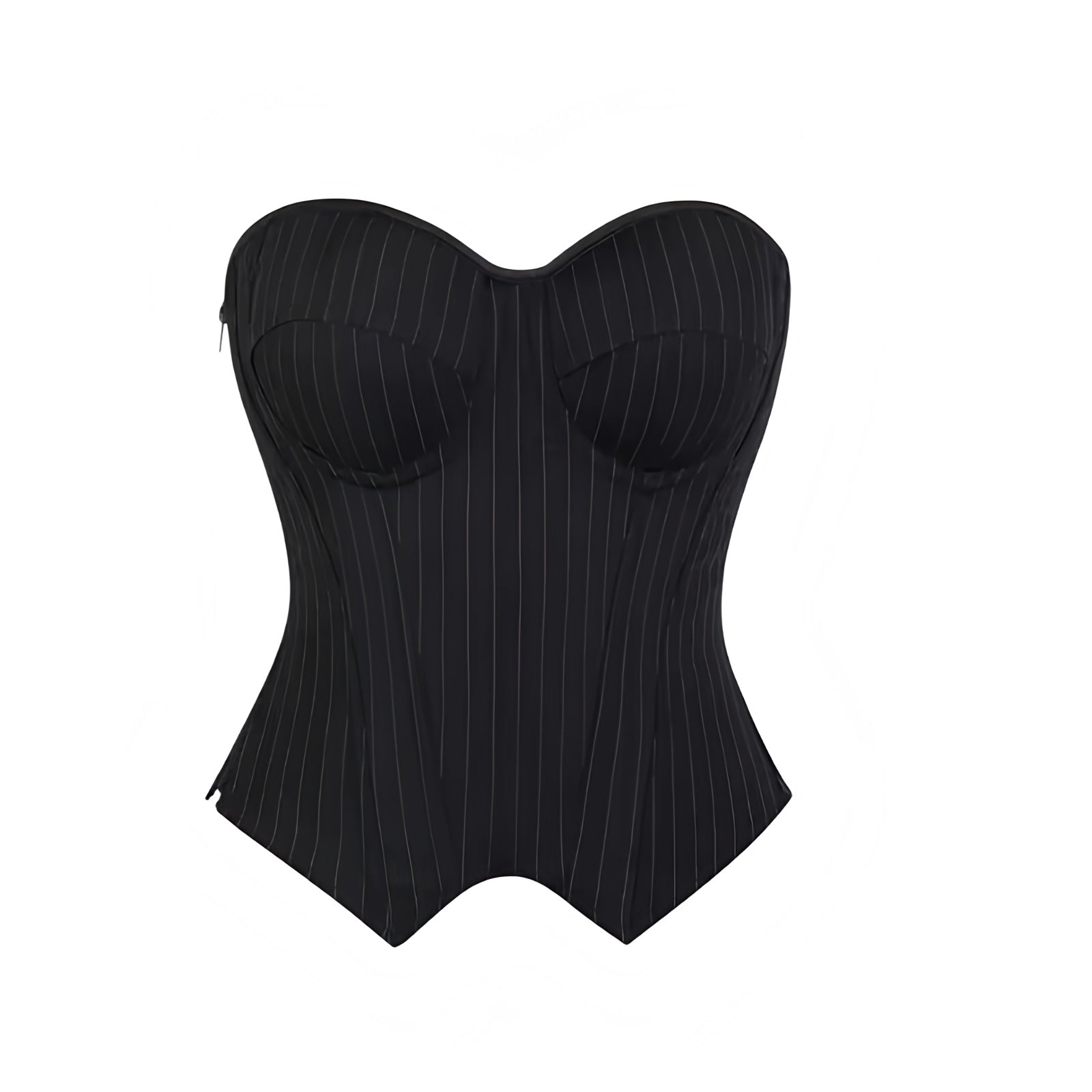 Black and white pinstriped slim lace-up strapless bustier corset top with sweetheart neckline, v neck, bodycon silhouette, push-up underwire, and zip closure. Elegant and trendy crop top for womens, teens, and ladies. Perfect for summer and fall 2025 fashion, vintage retro coquette chic Y2K preppy style, Wednesday Addams and school girl Halloween costumes, concerts, parties, night out, going out, sexy club wear, baddie and it girl looks. Ships globally and worldwide to US, Australia, New Zealand, UK, Canada