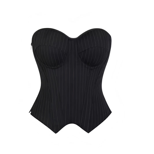 Black and white pinstriped slim lace-up strapless bustier corset top with sweetheart neckline, v neck, bodycon silhouette, push-up underwire, and zip closure. Elegant and trendy crop top for womens, teens, and ladies. Perfect for summer and fall 2025 fashion, vintage retro coquette chic Y2K preppy style, Wednesday Addams and school girl Halloween costumes, concerts, parties, night out, going out, sexy club wear, baddie and it girl looks. Ships globally and worldwide to US, Australia, New Zealand, UK, Canada