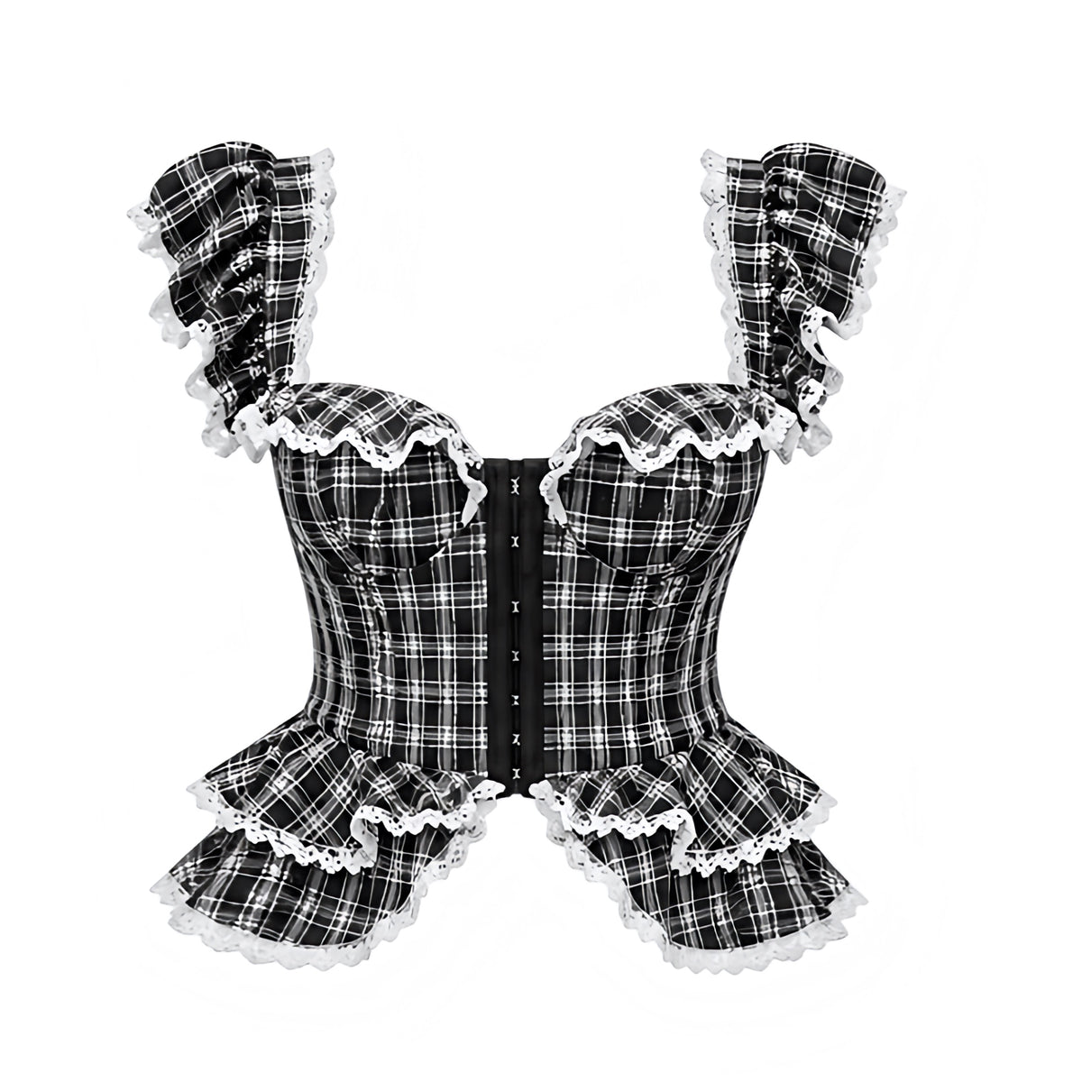 Black and white plaid ruffle lace trim milkmaid bustier corset top with tartan check print, structured sweetheart cups, corset boning, hook-and-eye front, ruffled shoulder straps, scalloped white lace trim, open lace-up back, black ribbon bow and tiered peplum ruffle hem. Women’s slim-fit Y2K 2000s coquette, dollette, soft grunge, goth, gothic, emo, punk, alt baddie, western chic and cowgirl top for party, club, festival, concert, Halloween and fall 2026 outfits.

