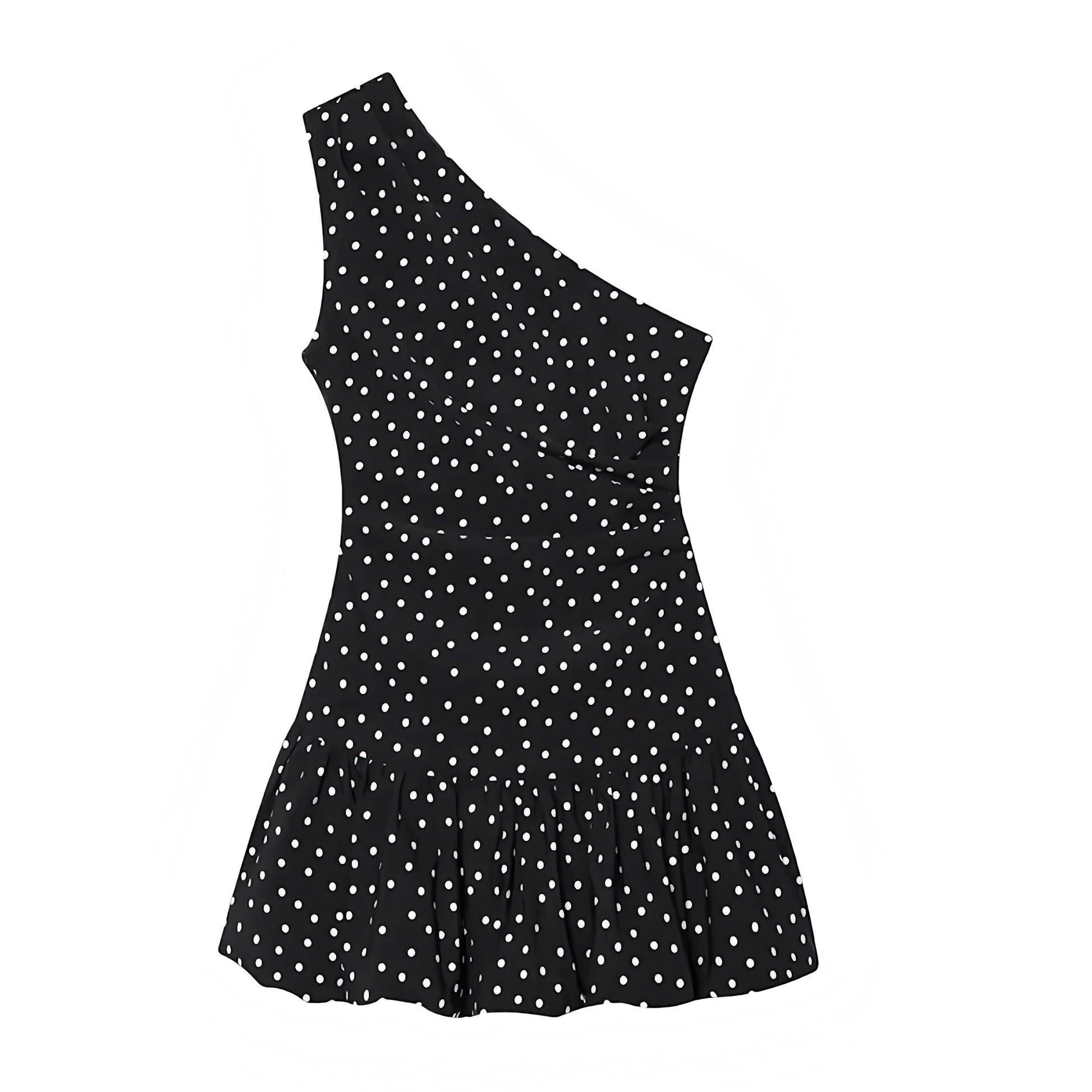Black and White Polka Dot Asymmetric Bodycon Ruched Sleeveless Mini Dress Slim Fit A-Line Spotted Sundress with Shirred Drop Waist, Flared Peplum Hem, Ruffled Ruffle Trim, Plissé Pleated Detailing, Asymmetric Neckline, Sleeveless and Backless Short Mini Length Dress for Women and Teens Summer 2025 Fashion, Perfect Elegant Feminine Old Money Chic Style for Casual Everyday Outfits, Holiday Vacation Looks, Euro Summer Trips, School Sorority Rush, Hoco Homecoming Events, Sexy Y2K Party Looks, Trendy Night Out 