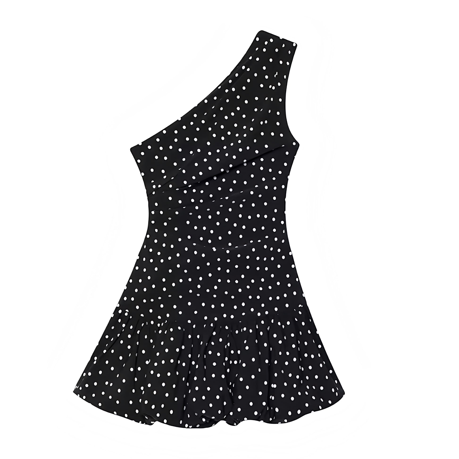 Black and White Polka Dot Asymmetric Bodycon Ruched Sleeveless Mini Dress Slim Fit A-Line Spotted Sundress with Shirred Drop Waist, Flared Peplum Hem, Ruffled Ruffle Trim, Plissé Pleated Detailing, Asymmetric Neckline, Sleeveless and Backless Short Mini Length Dress for Women and Teens Summer 2025 Fashion, Perfect Elegant Feminine Old Money Chic Style for Casual Everyday Outfits, Holiday Vacation Looks, Euro Summer Trips, School Sorority Rush, Hoco Homecoming Events, Sexy Y2K Party Looks, Trendy Night Out 