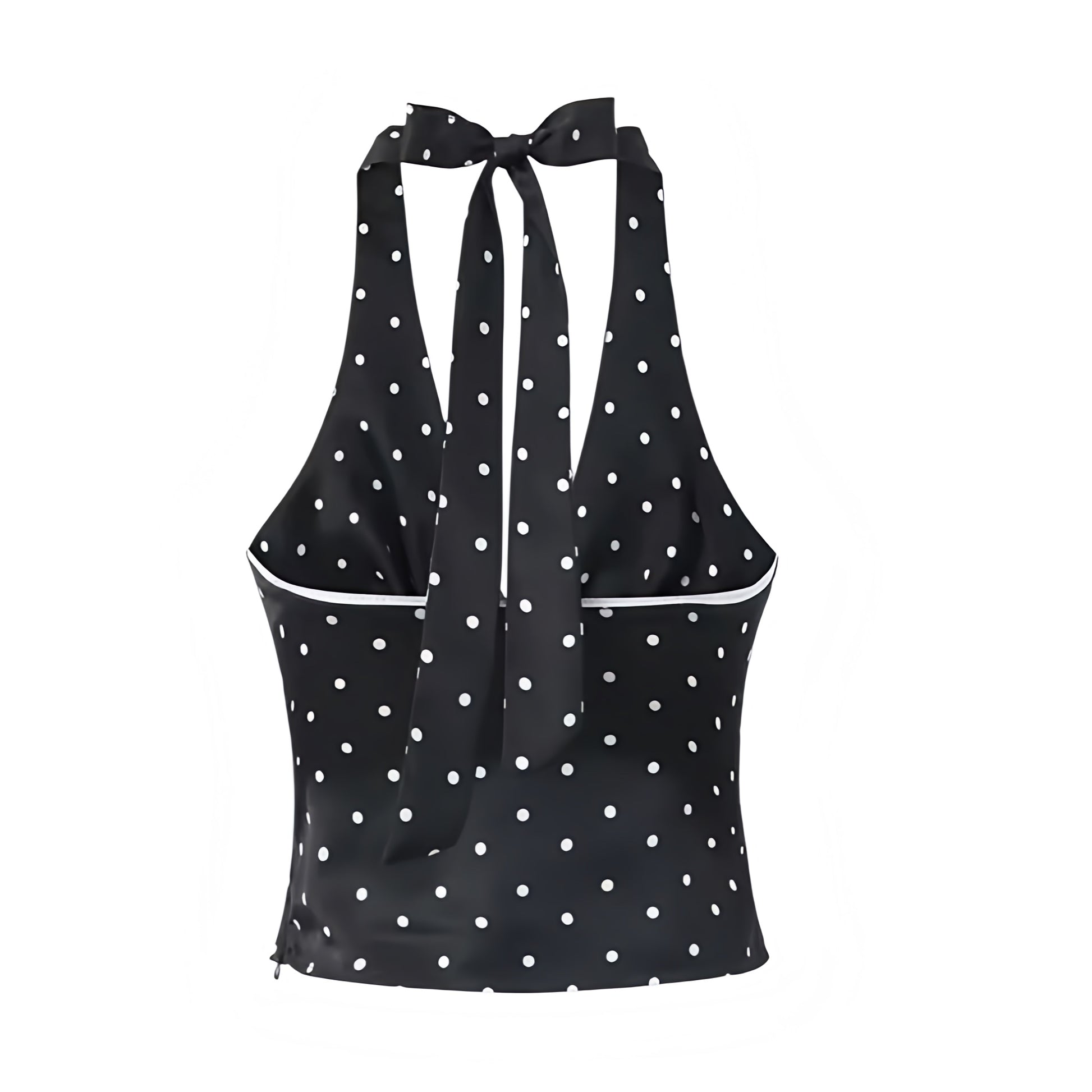 Black and White Polka Dot Satin V-Neck Sleeveless Halter Crop Top Slim Fit Corset Camisole Blouse with Satin Finish and Spotted Print, Sleeveless and Backless Summer 2025 Trendy Crop Style for Women and Teens, Perfect for Casual Everyday Outfits, Holiday Vacation Looks, School Sorority Rush, Euro Summer Trips, Parisian Chic Style, Brunch, Elegant Preppy Old Money Aesthetic, Sexy Y2K Night Out Club Wear, Coquette That Girl It Girl Fashion