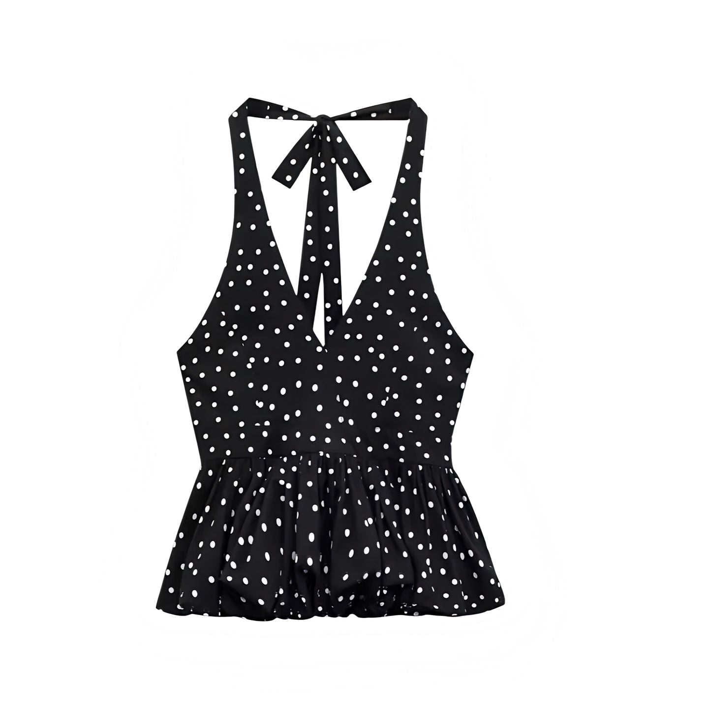 Shop the Black & White Polka Dot Slim Fit Ruffled Sleeveless V-Neck Peplum Halter Tank Top. Featuring a chic polka dot pattern, slim bodycon silhouette, ruffle trim, flared peplum, and cropped halter cut. Elegant camisole blouse for womens, teens, and ladies. Perfect for summer and fall 2025 vintage retro fashion, coquette Y2K chic style, casual everyday wear, vacation outfits, evening parties, club wear, sorority rush, preppy style, euro summer, Parisian chic, Hamptons style, and Nantucket old money looks.
