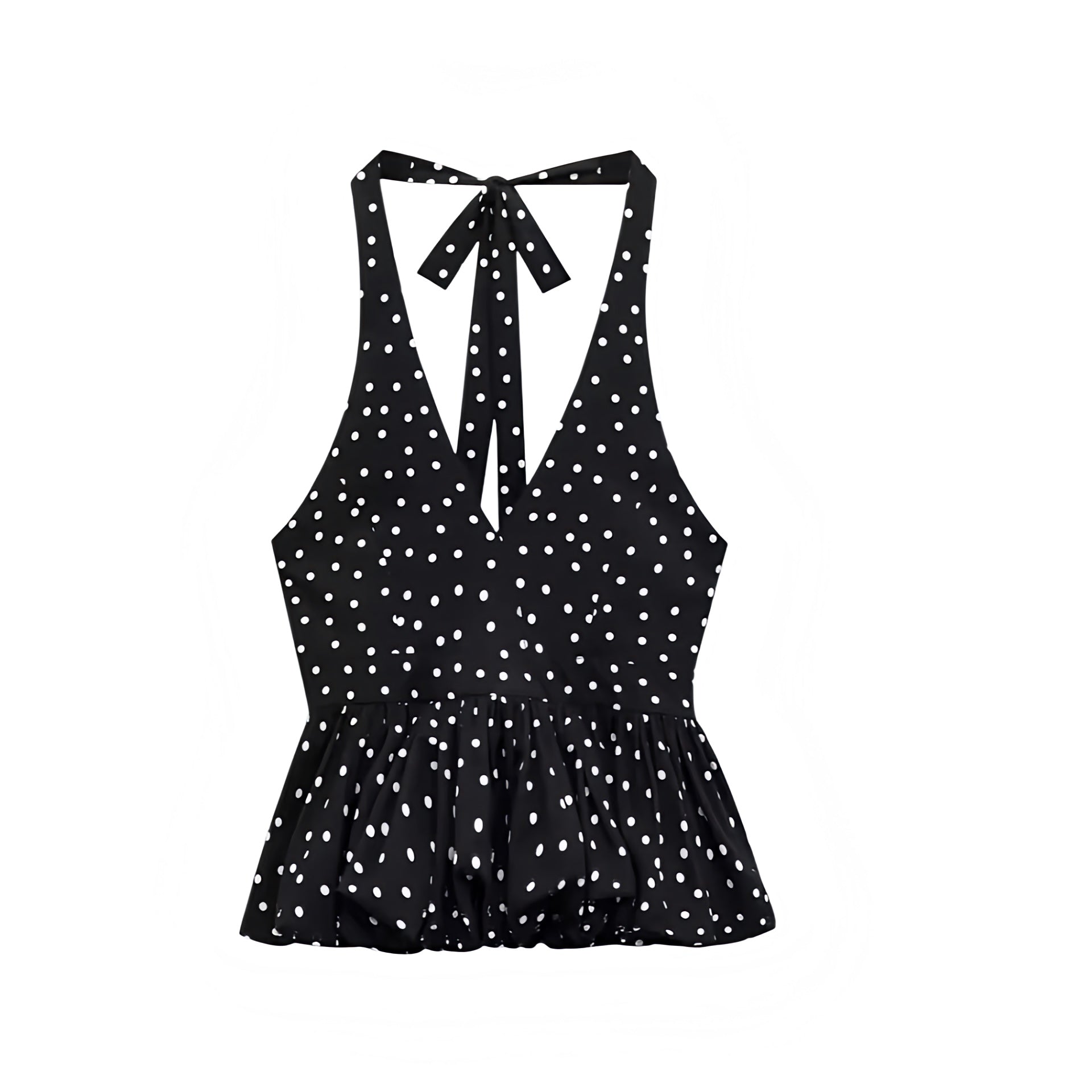 Shop the Black & White Polka Dot Slim Fit Ruffled Sleeveless V-Neck Peplum Halter Tank Top. Featuring a chic polka dot pattern, slim bodycon silhouette, ruffle trim, flared peplum, and cropped halter cut. Elegant camisole blouse for womens, teens, and ladies. Perfect for summer and fall 2025 vintage retro fashion, coquette Y2K chic style, casual everyday wear, vacation outfits, evening parties, club wear, sorority rush, preppy style, euro summer, Parisian chic, Hamptons style, and Nantucket old money looks.