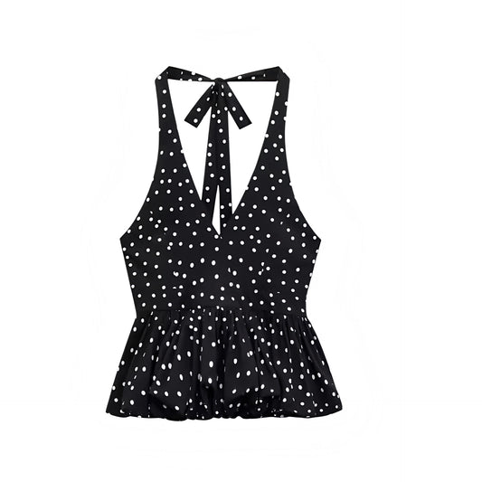 Shop the Black & White Polka Dot Slim Fit Ruffled Sleeveless V-Neck Peplum Halter Tank Top. Featuring a chic polka dot pattern, slim bodycon silhouette, ruffle trim, flared peplum, and cropped halter cut. Elegant camisole blouse for womens, teens, and ladies. Perfect for summer and fall 2025 vintage retro fashion, coquette Y2K chic style, casual everyday wear, vacation outfits, evening parties, club wear, sorority rush, preppy style, euro summer, Parisian chic, Hamptons style, and Nantucket old money looks.