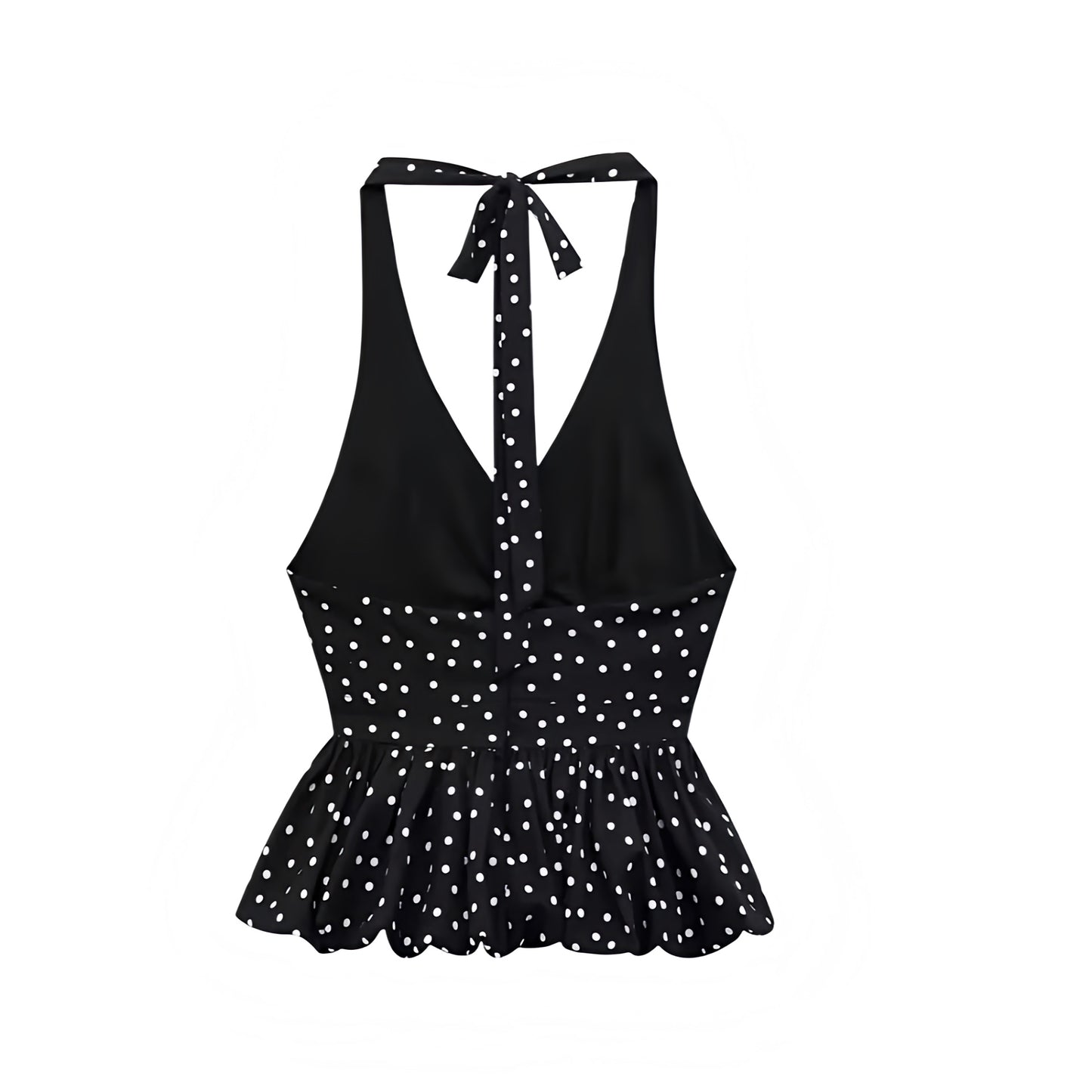 Shop the Black & White Polka Dot Slim Fit Ruffled Sleeveless V-Neck Peplum Halter Tank Top. Featuring a chic polka dot pattern, slim bodycon silhouette, ruffle trim, flared peplum, and cropped halter cut. Elegant camisole blouse for womens, teens, and ladies. Perfect for summer and fall 2025 vintage retro fashion, coquette Y2K chic style, casual everyday wear, vacation outfits, evening parties, club wear, sorority rush, preppy style, euro summer, Parisian chic, Hamptons style, and Nantucket old money looks.