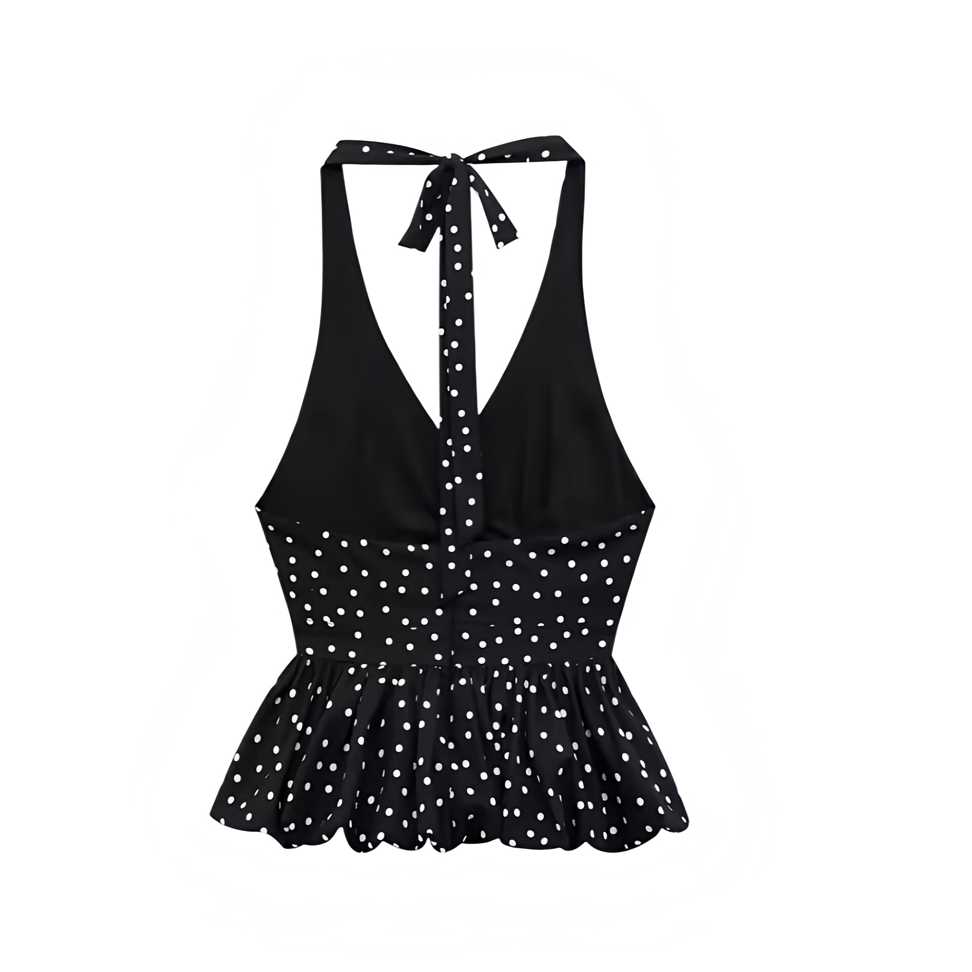 Shop the Black & White Polka Dot Slim Fit Ruffled Sleeveless V-Neck Peplum Halter Tank Top. Featuring a chic polka dot pattern, slim bodycon silhouette, ruffle trim, flared peplum, and cropped halter cut. Elegant camisole blouse for womens, teens, and ladies. Perfect for summer and fall 2025 vintage retro fashion, coquette Y2K chic style, casual everyday wear, vacation outfits, evening parties, club wear, sorority rush, preppy style, euro summer, Parisian chic, Hamptons style, and Nantucket old money looks.