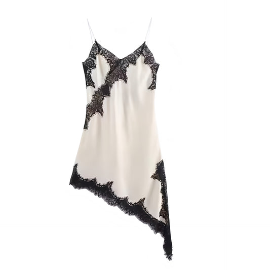 Black and white satin silk lace trim floral bodycon v-neck backless slip dress with sheath flowy ruffle trim plisse slim fit skinny fit A-line silhouette. Sleeveless spaghetti strap midi maxi dress for women, teens, and ladies. Chic trendy casual elegant sexy semi formal outfit for beach vacation, euro summer, Ibiza fashion, rave outfit, festival dress, music festival outfit, concert outfit, cocktail attire, club wear, night out, going out, boho chic style, coquette aesthetic, gypsycore, fairycore.